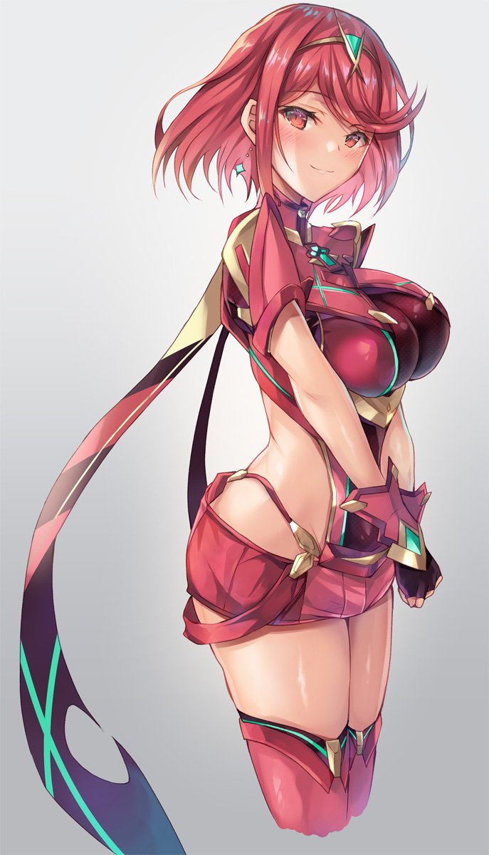 1girls bangs black_gloves blush breasts closed_mouth earrings female fingerless_gloves gem gloves grey_background headpiece highres hinot inoue_takuya_(pixiv_99697) jewelry large_breasts looking_at_viewer nintendo pyra red_eyes red_hair red_legwear red_shorts short_hair shorts shoulder_armor smile swept_bangs thighhighs thighs tiara xenoblade_(series) xenoblade_chronicles_2