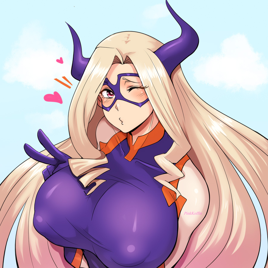 1girls, big breasts, blonde hair, breasts, female, female only, heart, hero outfit (mha), horns, long hair, looking at viewer, mount lady, my hero academia, nipples, nipples visible through clothing, one eye closed, pinkkoffin, purple eyes, solo, solo female, solo focus, v, wink, yuu takeyama