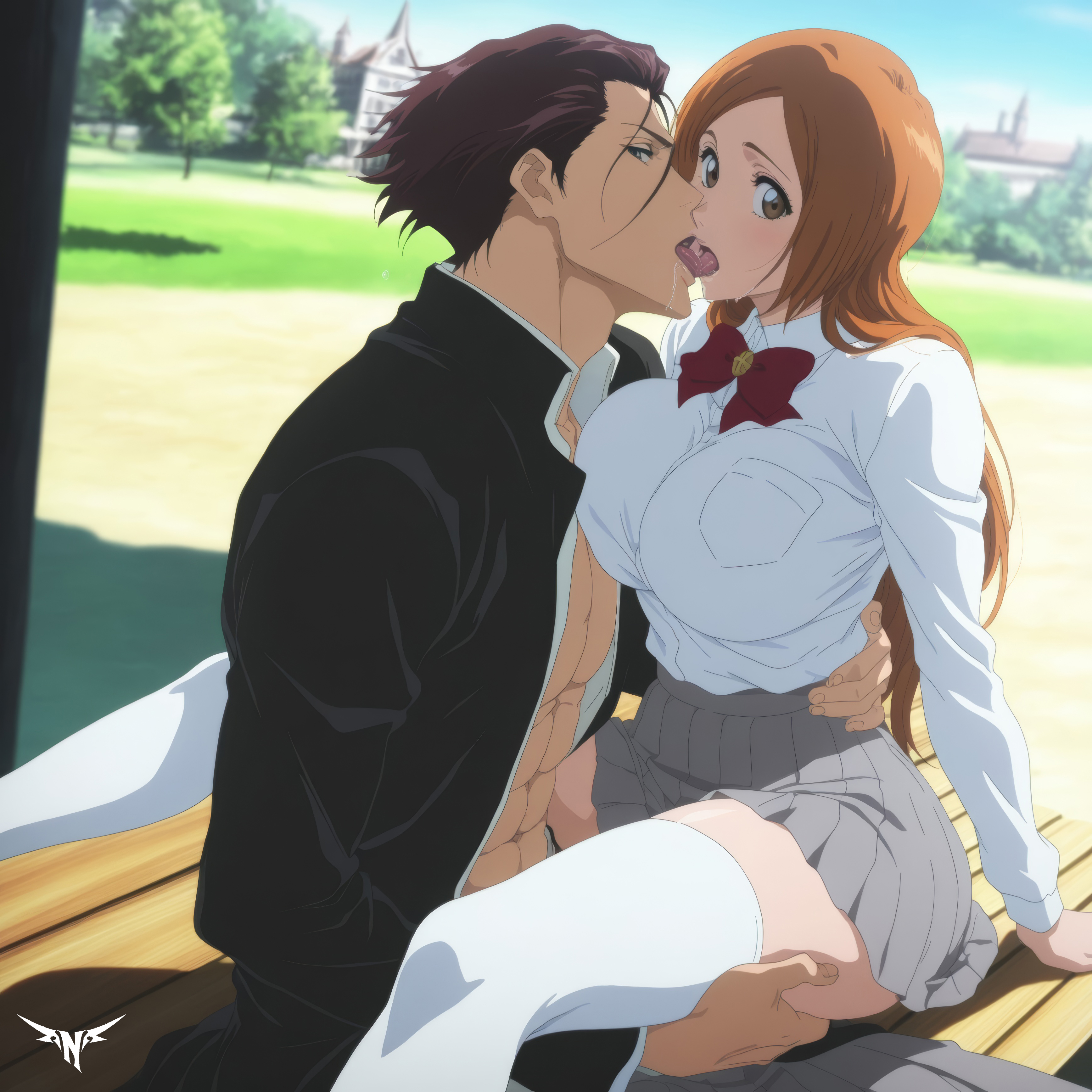 1boy, 1boy1girl, 1girls, abs, absurd res, ai generated, aizen sousuke, bleach, breast press, breast press on chest, breast squeeze, breasts, breasts bigger than head, cheating, cheating girlfriend, cuckold, cuckold pov, french kiss, huge breasts, kissing, looking at viewer, netorare, ntr, ntrkage, open shirt, orihime inoue, school uniform, shirt, skirt, thick thighs, thighhighs, thighs, waist, waist grab