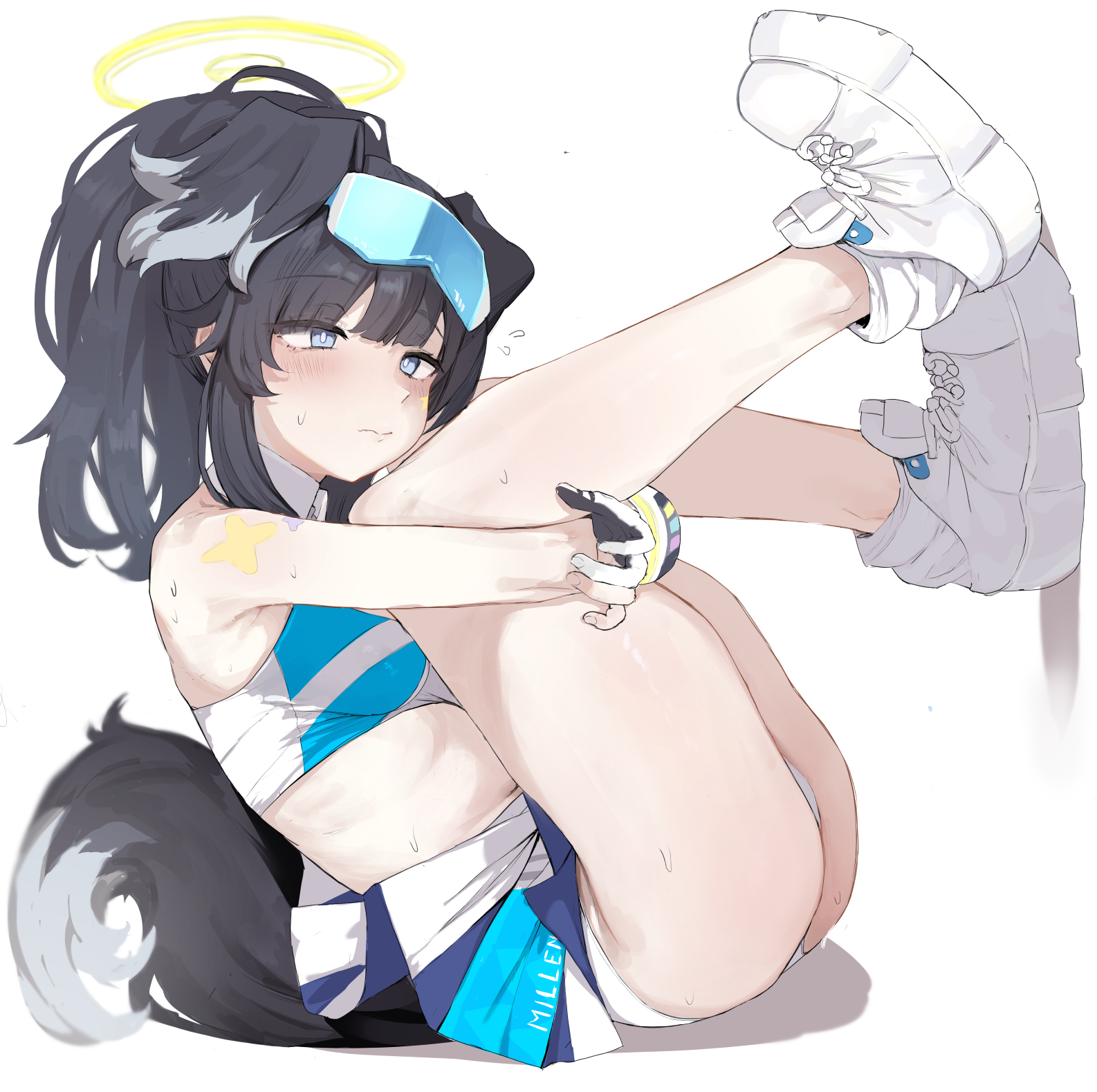 1girl, arms around legs, blue archive, blue eyes, blush, cheerleader, cheerleader uniform, dog ears, dog girl, dog tail, embarrassed, esearu, glasses, glasses on head, hibiki (blue archive), hugging legs, large ass, large breasts, legs up, multicolored gloves, plump, shoulder markings, sitting, solo, sweat, thick thighs, visor glasses, white gloves, white panties, white shoes