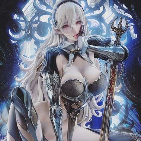 bare midriff, big breasts, breasts, cleavage, corrin (fire emblem), corrin (fire emblem) (female), female, fire emblem, fire emblem fates, large breasts, licking, licking lips, long hair, manakete, red eyes, sakimichan, sitting, spread legs, sword, voluptuous