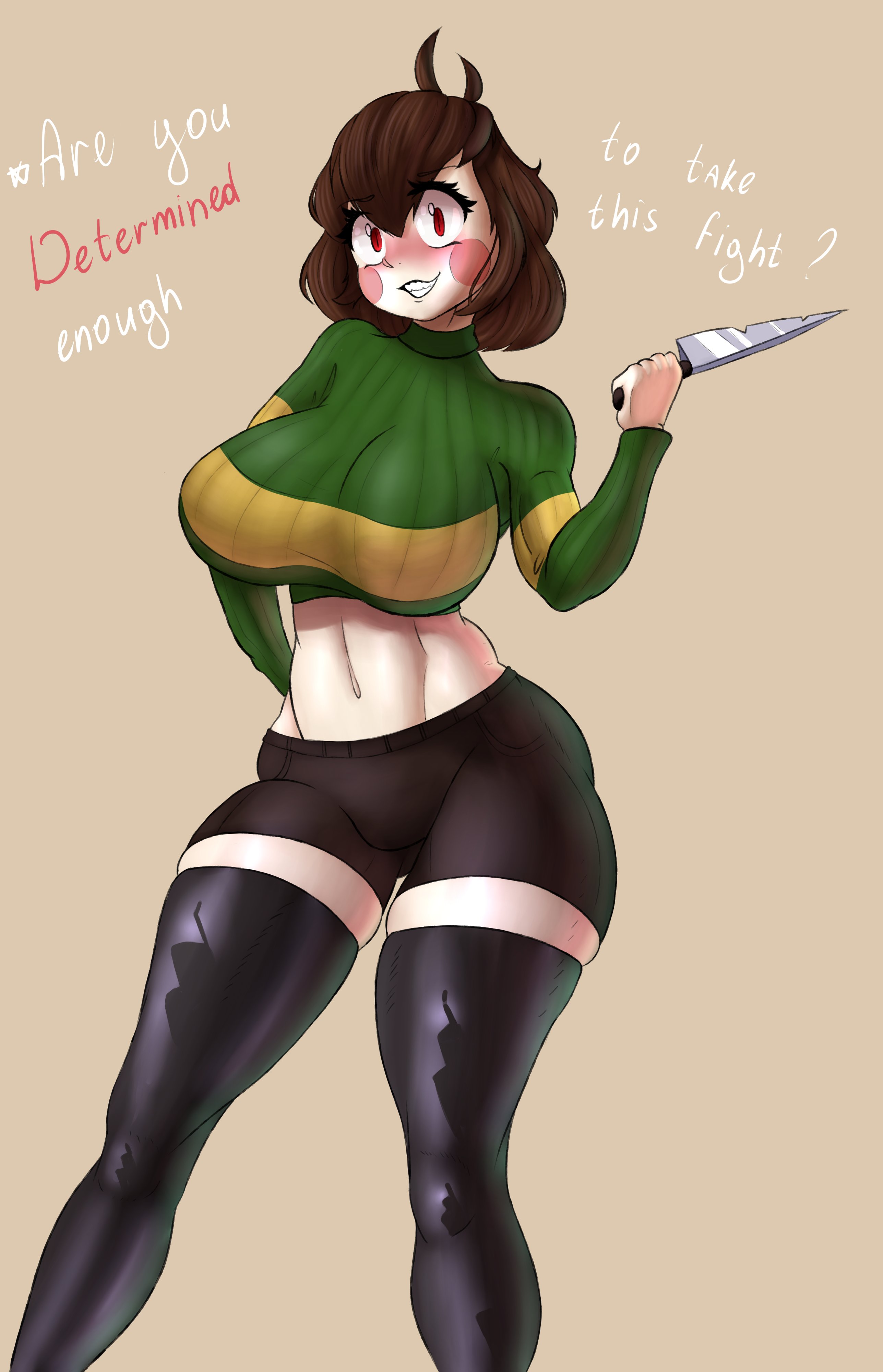 1girls, 2d, ass, big ass, big breasts, black thighhighs, breasts, brown hair, chara, clothed, darky, darkynsfw, english text, exposed belly, female, female chara, female only, human, human female, human only, knife, looking at viewer, navel, pink cheeks, plain background, red eyes, short hair, shorts, solo, solo female, standing, sweater, tagme, text, thick thighs, thighhighs, tight clothing, turtleneck, undertale, undertale (series), video games, voluptuous, white skin, wide hips