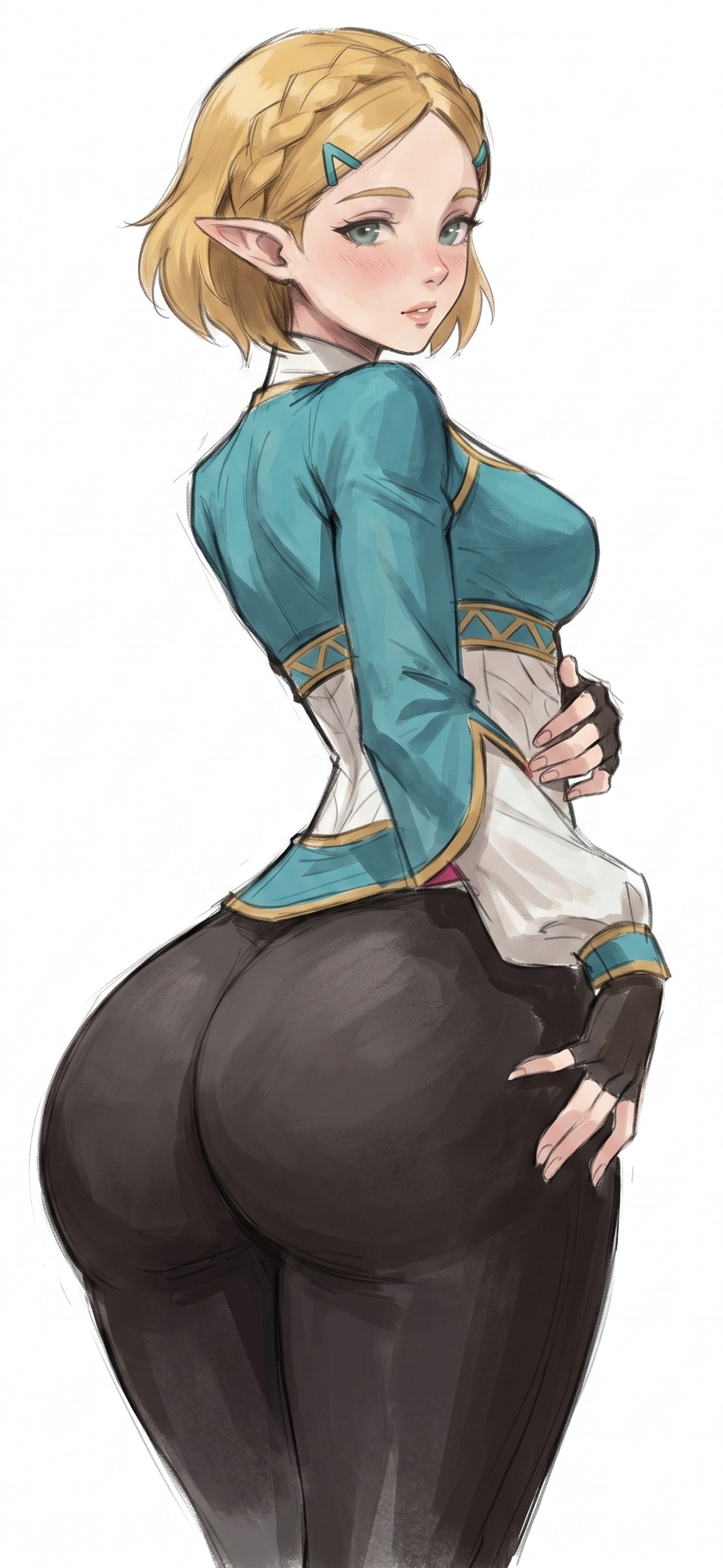 1girls, ai generated, ass, breasts, dewspire, female, female focus, female only, large ass, light skin, light-skinned female, looking at viewer, looking back, princess zelda, solo, the legend of zelda, thick thighs, thighs, white background, wide hips