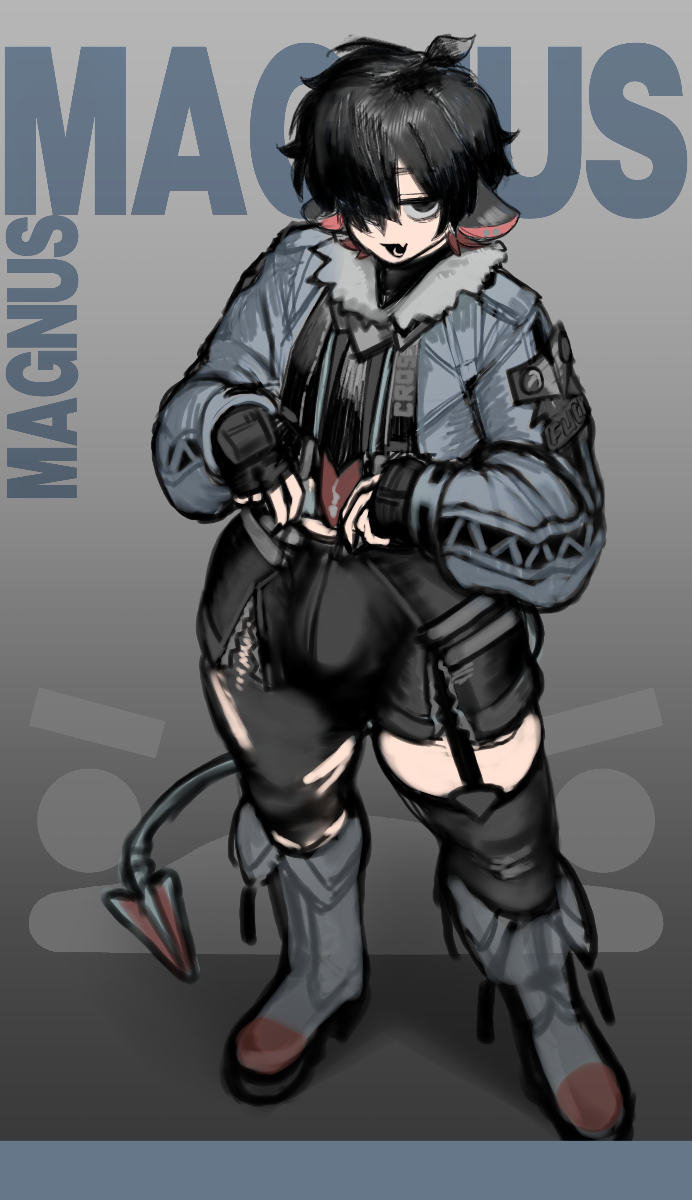 1boy, 2026, 2d, 2d (artwork), 2d artwork, black hair, black hair male, bulge, bulge through clothing, clothed, clothed male, clothing, color, colored, cosplay, femboy, genderswap, jane doe (zenless zone zero) (cosplay), magnus (mctamagomaki), male, male focus, male only, mctamagomaki, original, rat, rat boy, rat ears, rat tail, solo, solo focus, solo male, twink, zenless zone zero