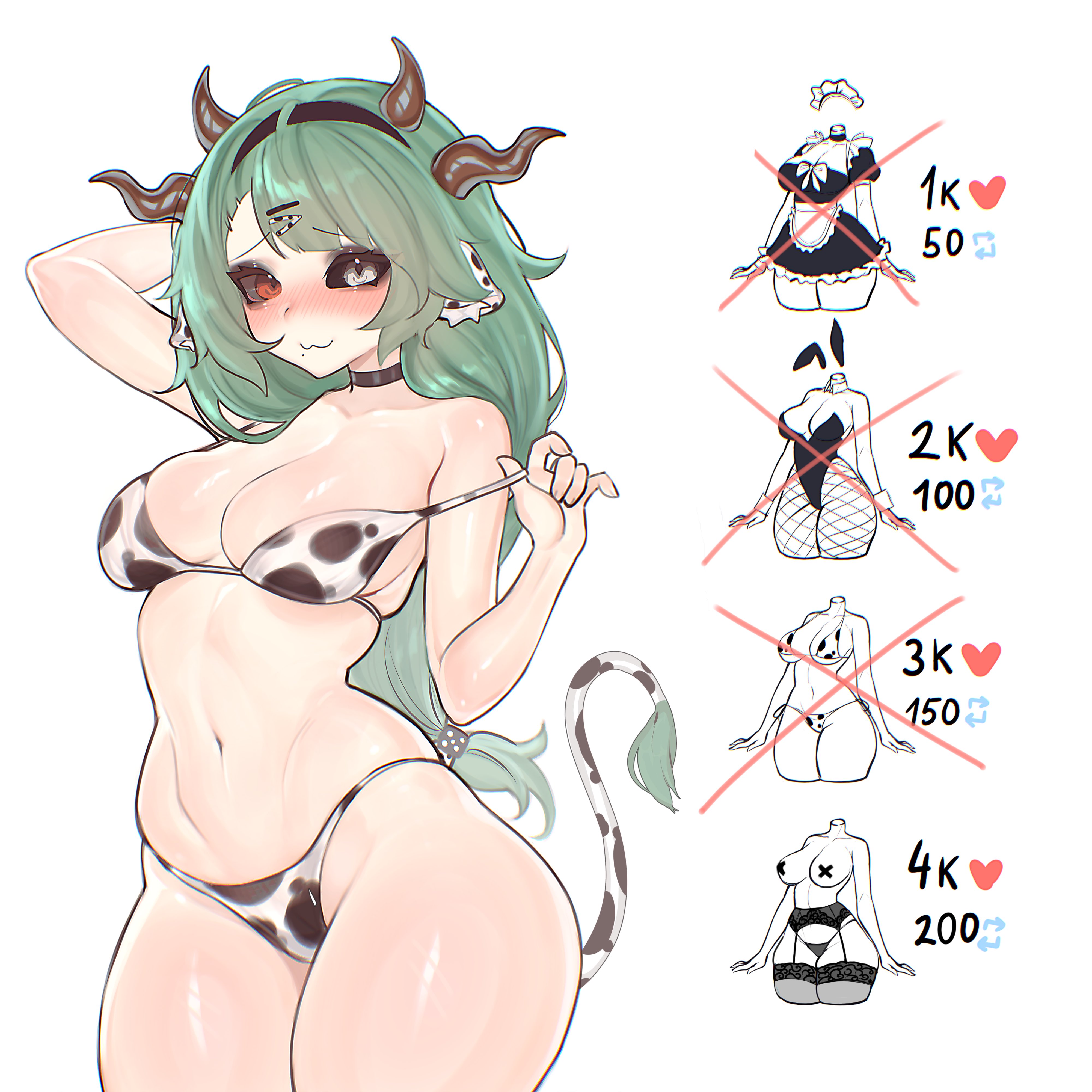1girl, 1girls, absurdres, animal ears, animal print, big breasts, bikini, black hairband, black sclera, blush, breasts, breedable hips, choker, cleavage, closed mouth, colored sclera, cow ears, cow girl, cow horns, cow print, cow print bikini, cow tail, crelly, dice hair ornament, female, green hair, grey eyes, grey sclera, hair ornament, hairband, heart, heterochromia, highres, hip focus, hips, horns, indie virtual youtuber, large breasts, long hair, looking at viewer, mismatched sclera, mole, mole under mouth, navel, ponytail, print bikini, red eyes, solo, stomach, swimsuit, tail, thick, thick thighs, thighs, tits, twitter strip game, uglysaya, virtual youtuber, vtuber, white background, wide hips