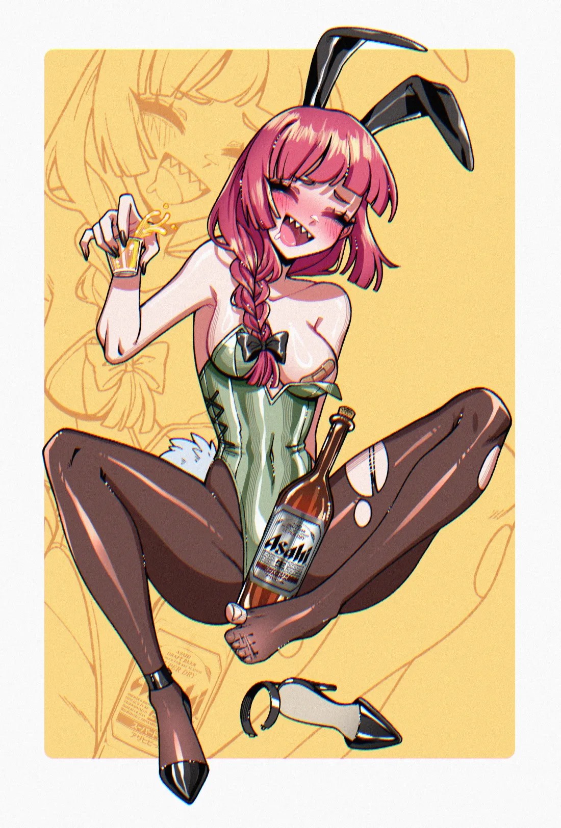 ///, 1girls, 2d, 2d (artwork), 2d artwork, adult, adult female, alcohol, alcohol bottle, alcohol bottles, alcohol consumption, alcoholic drink, alternate body type, alternate breast size, alternate breast size (larger), alternative breast size, anime, anime character, arm behind back, armpit, armpit crease, armpit peek, armpits, asian, asian female, asian girl, background, band-aid, band-aid on nipple, bandaid, bandaid on breast, bandaid on chest, bandaid pasties, bandaids on nipples, beer, beer glass, belly button, big boobs, big breasts, black bunny ears, black fingernails, black footwear, black hair ribbon, black hair tie, black hairband, black high heels, black nail polish, black nails, black ribbon, black shoes, blunt bangs, blush face, blush lines, blushing, blushing female, blushing lines, bocchi the rock!, braid, braided hair, braided ponytail, braids, breasts, brown legwear, brown pantyhose, brown tights, bunny costume, bunny ears, bunny tail, bunnygirl, bunnygirl outfit, bunnysuit, busty, busty female, busty girl, calves, cloverworks, collarbone, crystalsugarstars, digital, digital art, digital drawing, digital drawing (artwork), digital media, digital media (artwork), drawing, drunk, drunk blush, drunk female, elbows, fanart, feet, female, female focus, female only, fingernails, fingers, flushed, flushed cheeks, flushed face, footwear, footwear removed, from front, front view, full body, full body view, glass of beer, glossy breasts, glossy hair, green bunnysuit, green leotard, green topwear, groin, groin tendon, hair ribbon, hair tie, hairless armpits, hand behind back, head tilt, high heels, high heels off, high heels removed, hiroi kikuri, inframammary fold, inguinal crease, inguinal ligament, inner thighs, intoxicated, japanese, japanese female, japanese girl, knees, large boobs, large breasts, lean figure, legs, legs apart, legs spread, legwear, leotard, long hair, manga character, mature, mature female, mature woman, monotone background, nail polish, nails, narrow waist, navel, nipple pasties, one color background, open mouth, open mouth smile, orange background, pantyhose, parted lips, pasties, plain background, ponytail, portrait, purple eyes, purple hair, purple-eyed female, purple-haired female, ribbon, ripped legwear, ripped pantyhose, ripped tights, sharp teeth, shaved armpits, shiny breasts, shiny hair, shiny legs, shiny skin, shiny thighs, shoes, shoes off, shoes removed, shoulders, single braid, sitting, slender body, slender waist, slim female, slim waist, solid color background, solo, spread legs, spreading legs, spreading thighs, thighs, tied hair, tights, tilted head, tipsy, toes, tongue, topwear, torn legwear, torn pantyhose, torn tights, upper teeth, wasted, woman