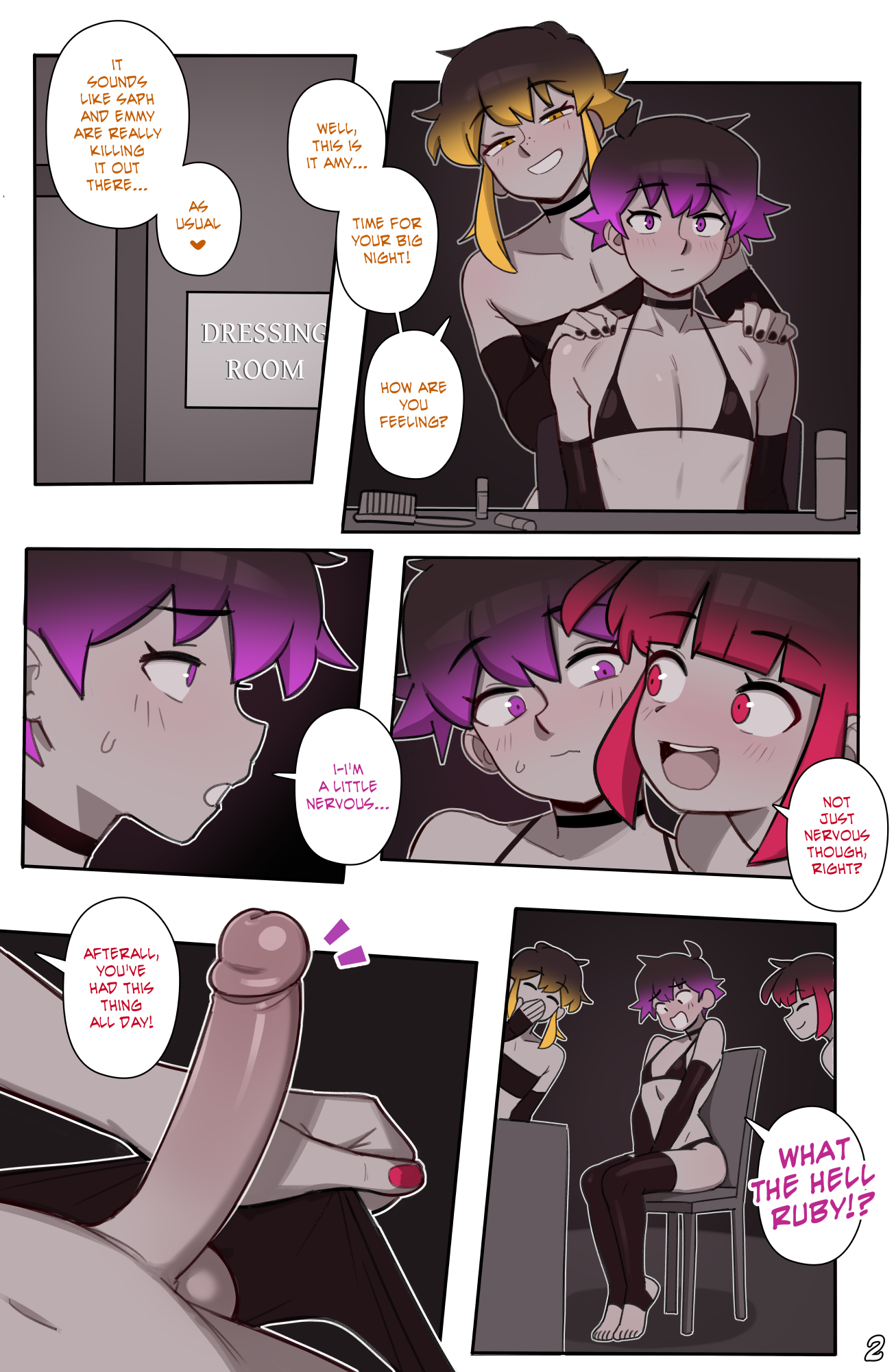 3boys, amber (dross), amethyst (dross), blush, blushing, choker, covering crotch, dross, erection, feet, feminine male, flustered, gay, hands on shoulders, jewels (dross), male with painted nails, males only, multiple boys, multiple femboys, nervous, playful, purple eyes, purple hair, red eyes, red hair, revealing penis, rory (dross), ruby (dross), shy, stirrup legwear, stirrup thighhighs, surprised, sweating, tagme, teasing, thigh highs, thighhighs, twink, yellow eyes, yellow hair