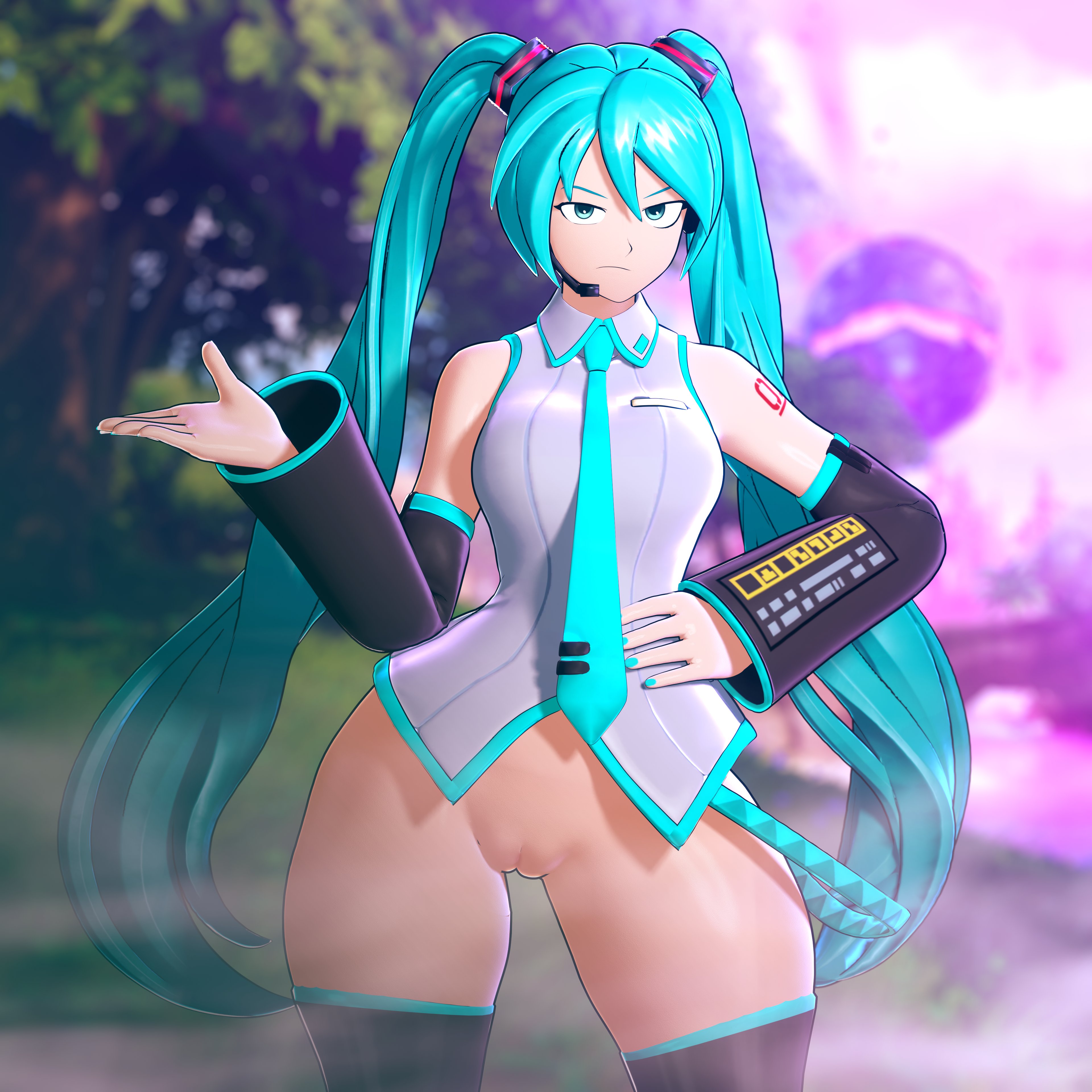 1girls, 3d, 3d (artwork), annoyed, annoyed expression, blue hair, bottomless, bottomless female, female, female only, fortnite, hatsune miku, idol, light skin, light-skinned female, luminaryofages, no panties, solo, solo female, thick thighs, vocaloid