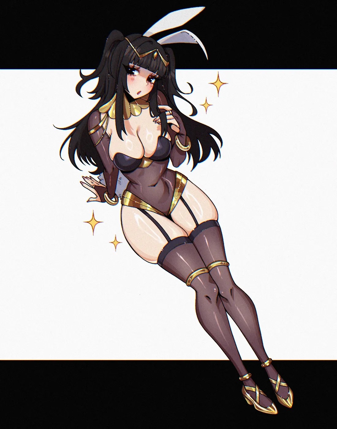 :o, ///, 1girls, 2d, 2d (artwork), 2d artwork, arm support, background, belly, belly button, big boobs, big breasts, black background, black bunnysuit, black eyes, black hair, black leotard, black topwear, black-eyed female, black-haired female, blunt bangs, blush face, blush lines, blushing, blushing at viewer, blushing female, blushing lines, breasts, brown legwear, brown stockings, brown thigh highs, brown thighhighs, bunny costume, bunny ears, bunny tail, bunnygirl, bunnygirl outfit, bunnysuit, busty, busty female, busty girl, calves, cleavage, crystalsugarstars, curvaceous, curvaceous body, curvaceous female, curvaceous figure, curvaceous hips, curvy, curvy body, curvy female, curvy figure, curvy hips, dark hair, digital, digital art, digital drawing, digital drawing (artwork), digital media, digital media (artwork), drawing, female, female focus, female only, fingernails, fingers, fire emblem, fire emblem awakening, flushed, flushed cheeks, flushed face, footwear, from above, from front, front view, full body, full body view, garter straps, glossy breasts, glossy hair, gold footwear, gold high heels, gold shoes, groin, head tilt, high heels, high-angle shot, hourglass figure, knees, large boobs, large breasts, lean figure, legs, legs closed, legs together, legwear, leotard, long hair, looking at viewer, looking up, looking up at viewer, midriff, nail polish, nails, narrow waist, navel, nintendo, open mouth, parted lips, pink fingernails, pink nail polish, pink nails, plain background, portrait, posing, posing for the viewer, shiny breasts, shiny hair, shiny legs, shiny skin, shiny thighs, shoes, shoulders, sidelocks, skindentation, slender body, slender waist, slim female, slim waist, solid color background, solo, stockings, tharja (fire emblem), thick thighs, thigh highs, thighhighs, thighs, thighs together, tied hair, tilted head, topwear, two side up, two-tone background, viewed from above, white background, white bunny ears, white hairband, wide hips