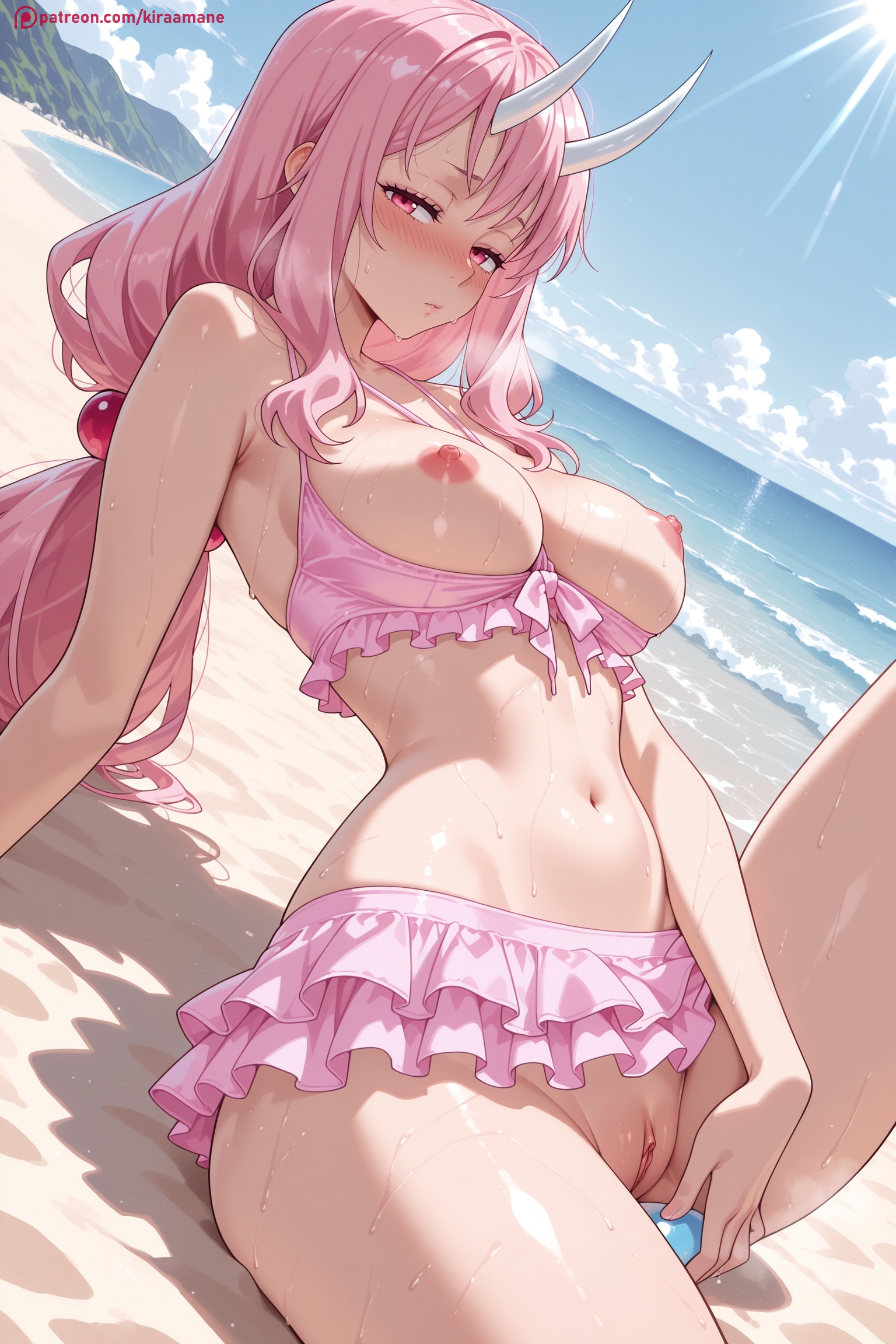 1girl, ai generated, bangs, bare shoulders, beach, bikini, blush, breasts, day, eyebrows visible through hair, hair ornament, heart, hi res, high quality, high resolution, horns, kiraamane, large breasts, long hair, looking at viewer, navel, nipples, ocean, oni, oni horns, outdoors, patreon, pink bikini, pink eyes, pink hair, pussy, sand, seductive, sexy, shuna (tensei shitara slime datta ken), sitting, sky, solo, sweat, swimsuit, tensei shitara slime datta ken, uncensored, water, watermark