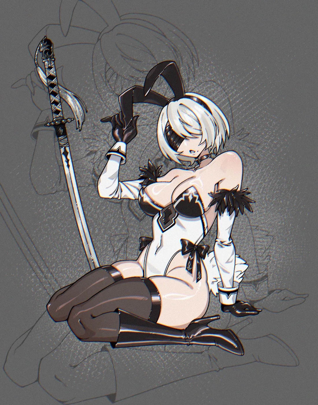 1girls, 2d, 2d (artwork), 2d artwork, adult, adult female, arm support, background, baddie, belly, belly button, bewitching thighs, big boobs, big breasts, black bunny ears, black gloves, black hairband, blade, blindfold, blindfolded, blindfolded female, breasts, brown legwear, brown thigh highs, brown thighhighs, bunny costume, bunny ears, bunny tail, bunnygirl, bunnygirl outfit, bunnysuit, busty, busty female, busty girl, calves, child bearing hips, cleavage, collarbone, crystalsugarstars, curvaceous, curvaceous body, curvaceous female, curvaceous figure, curvaceous hips, curvy, curvy body, curvy female, curvy figure, curvy hips, digital, digital art, digital drawing, digital drawing (artwork), digital media, digital media (artwork), drawing, elbows, female, female focus, female only, fertile, fertile hips, fingers, full body, glossy breasts, glossy hair, gloves, grey background, groin, hourglass figure, inframammary fold, inguinal crease, inguinal ligament, katana, knees, large boobs, large breasts, lascivious, lean figure, legs, legs folded, legwear, leotard, looking at viewer, mature, mature female, mature woman, midriff, mole, mole on body, mole on cheek, mole on face, mole under mouth, monotone background, narrow waist, navel, nier (series), nier: automata, one color background, plain background, portrait, seiza, shiny breasts, shiny hair, shiny legs, shiny skin, shiny thighs, short hair, shoulders, sitting, sitting on floor, sitting on ground, sitting on knees, sitting on leg, skindentation, sleeves, slender body, slender waist, slim female, slim waist, solid color background, solo, sword, thick thighs, thigh highs, thighhighs, thighs, topwear, virtuous contract, wariza, weapon, white bunnysuit, white hair, white leotard, white sleeves, white topwear, white wrist cuffs, white-haired female, wide hips, woman, wrist cuffs, yorha 2b
