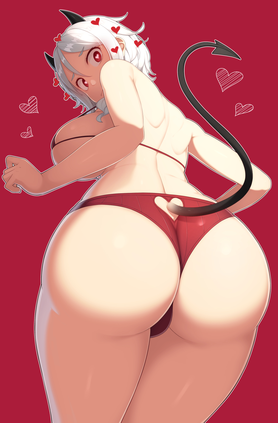 1girls ass ass_focus bikini bikini_top breasts demon_girl demon_tail female heart heart-shaped_pupils heart_cutout helltaker high_resolution horns large_breasts looking_at_viewer looking_back modeus_(helltaker) red_background red_bikini red_eyes samegami short_hair simple_background solo swimsuit symbol-shaped_pupils tail tail_cutout thick_thighs thighs white_hair