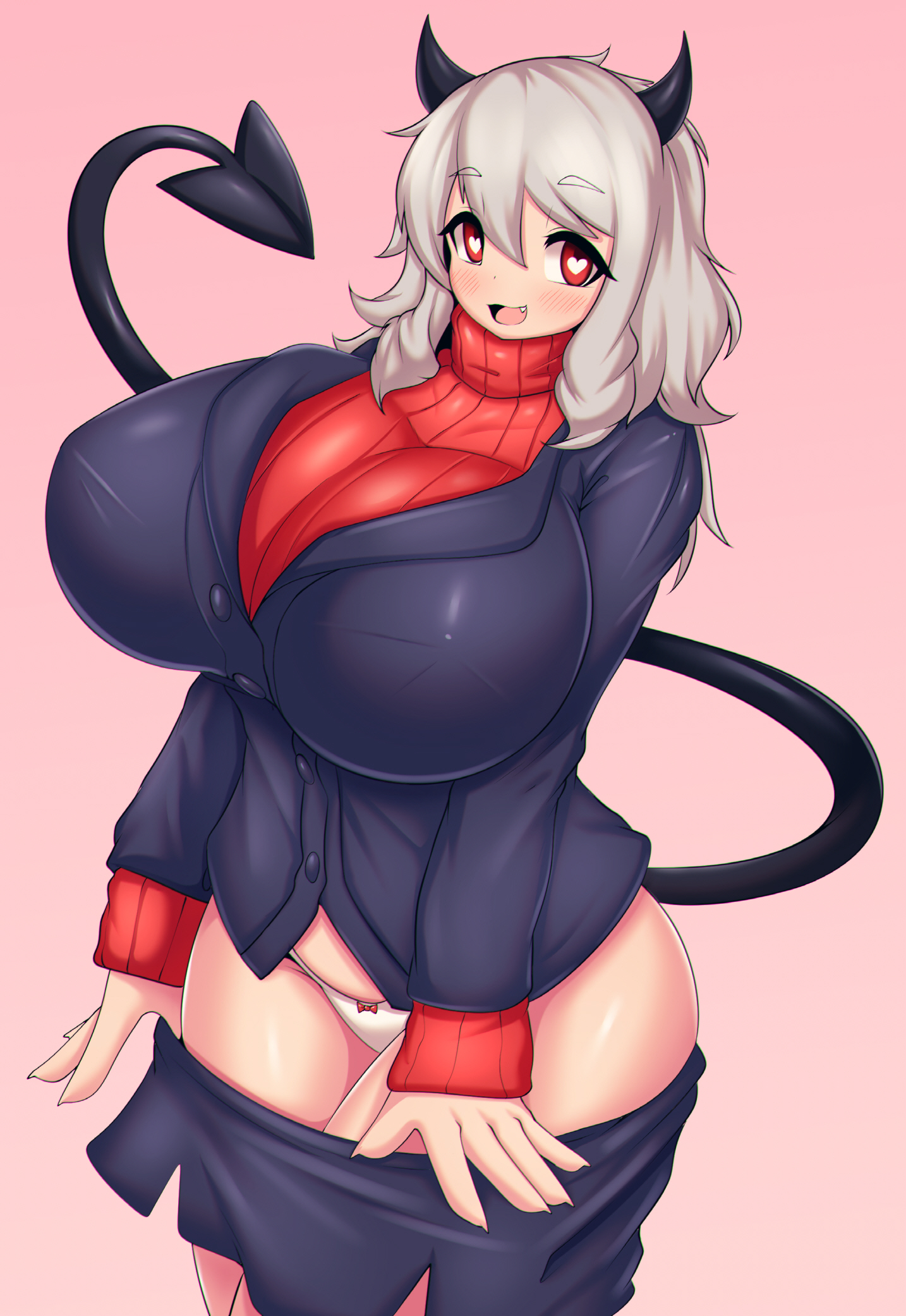 1girls, big breasts, black tail, blush, breasts, demon, demon girl, demon horns, demon tail, female, heart-shaped pupils, helltaker, huge breasts, human, large breasts, modeus (helltaker), panties, red eyes, skirt down, straight hair, tail, tailzkim, undressing, voluptuous, white hair, white panties, wide hips