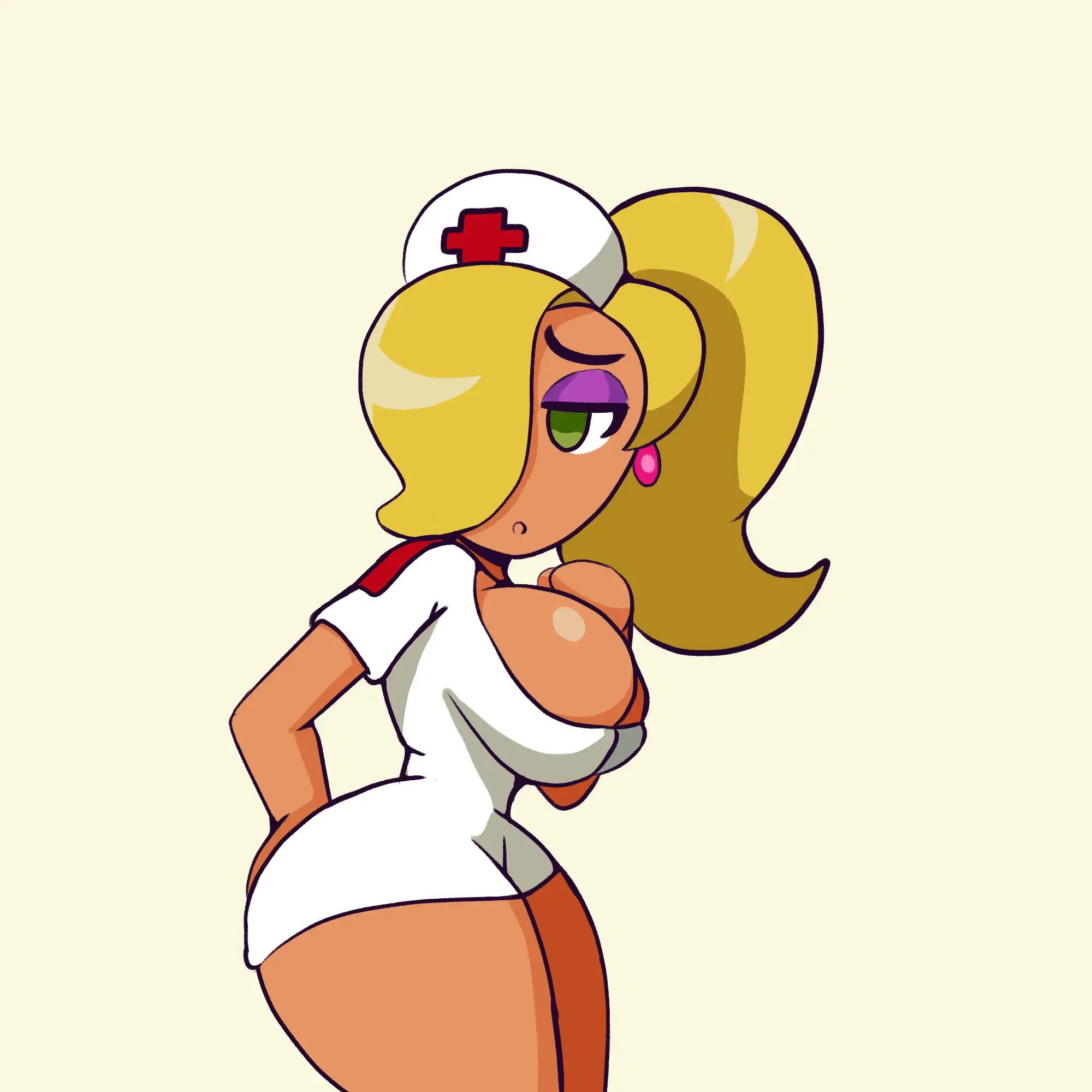 1girls, 2019, absurd res, ass, blonde hair, breasts, earrings, eyeshadow, female, green eyes, hair over one eye, huge ass, iggy-bomb, large breasts, makeup, nurse, nurse (terraria), nurse cap, ponytail, simple background, solo, terraria, thick thighs, white background, wide hips