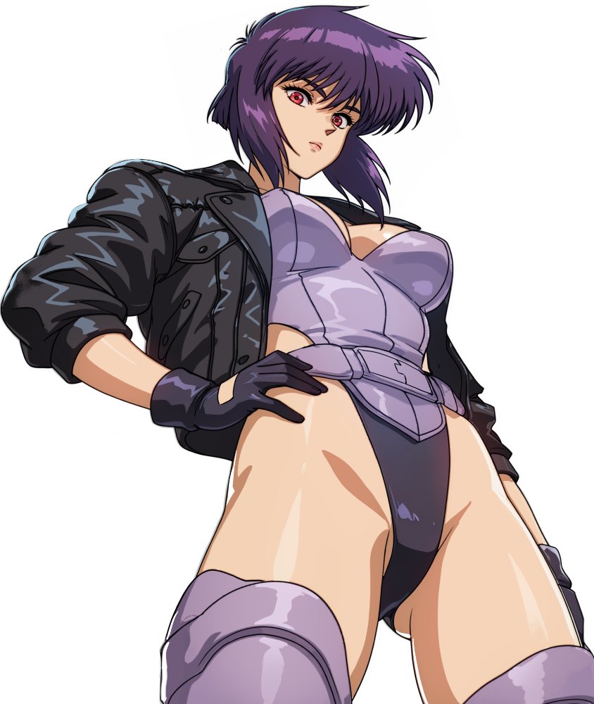 1girls, android, android girl, athletic female, back, cleavage, curvy, cyborg, cyborg girl, female, fingerless gloves, from below, from below view, ghost in the shell, ghost in the shell stand alone complex, gun, highleg leotard, kusanagi motoko, low-angle view, muscular, muscular female, open jacket, shiny skin, solo, solo female, thong leotard, wide hips