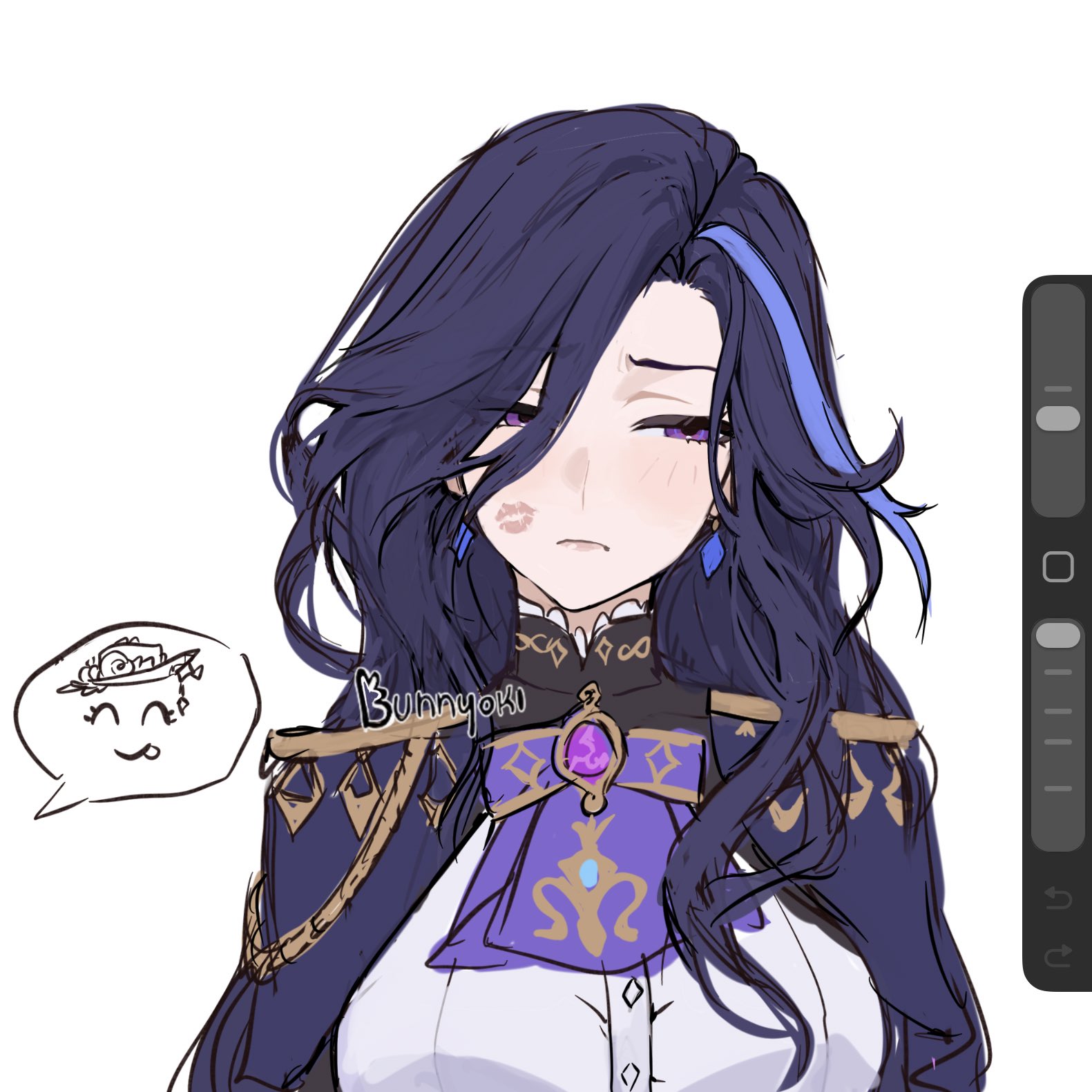 :p, 1girl, 1girls, artist name, artist request, ascot, blue hair, blush, clorinde (genshin impact), earrings, embarassed, female, female focus, genshin impact, highres, hoyoverse, implied yuri, navia (genshin impact), procreate (software), purple eyes, shirt, shy, signature, simple background, tongue, tongue out, upper body, white background, white shirt