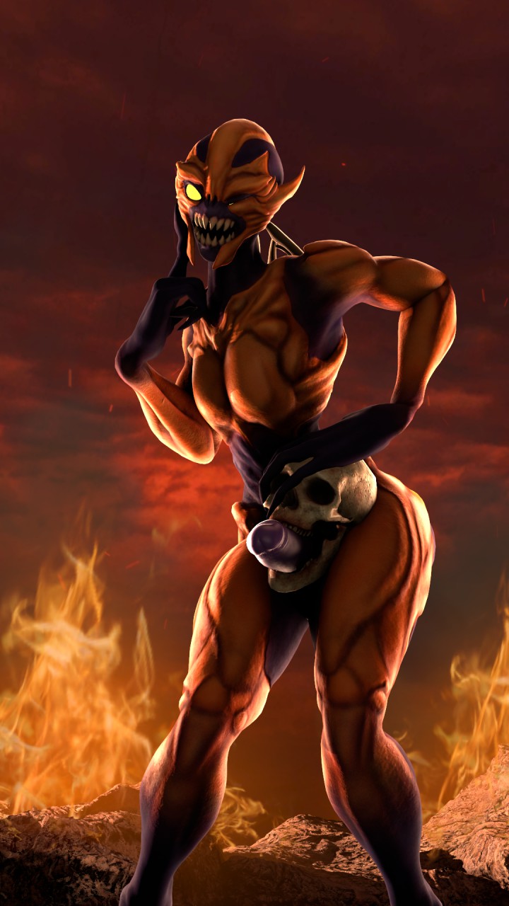 3d, 3d (artwork), death, defeated, demon, doom, femboy, game over, girly, imp (doom), male, male only, monster, muscular, penis, skull, skull fucking, solo, solo focus, source filmmaker, thick thighs, thighs, wide hips