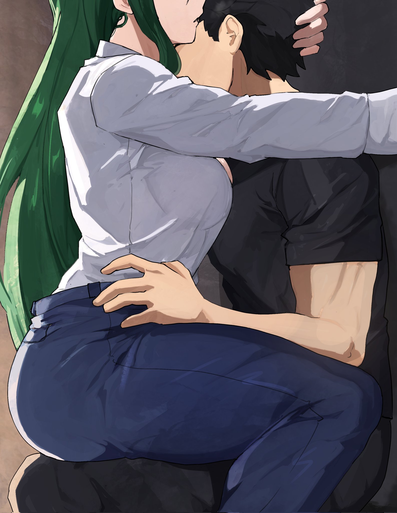 1boy1girl, akihitoevon, biceps, breasts, crusch karsten, denim, femdom, hetero, highres, natsuki subaru, pants, re:zero kara hajimeru isekai seikatsu, shirt, sitting, sitting on lap, sitting on person