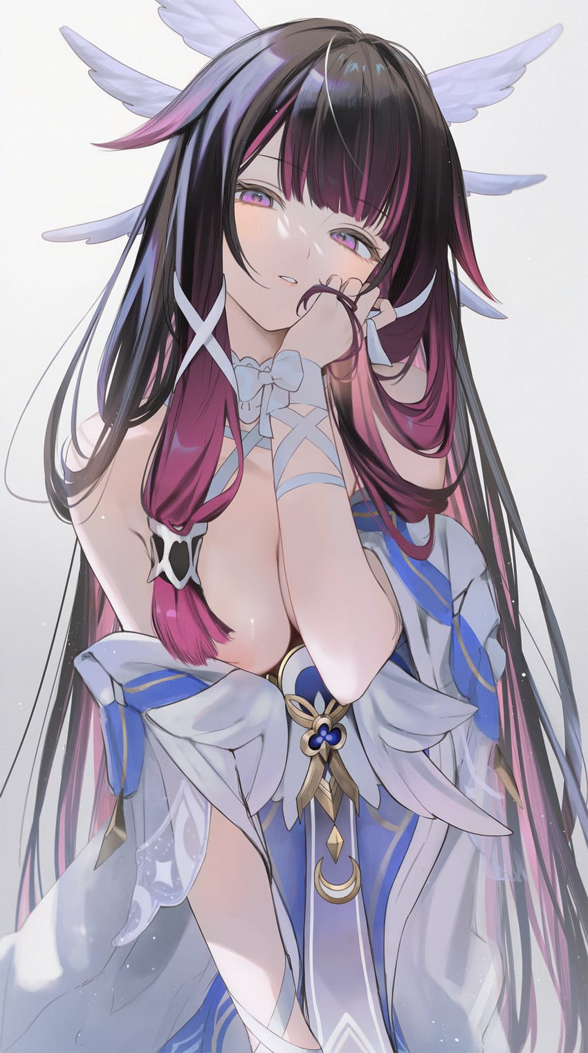 1girl, 1girls, ai assisted, bare shoulders, black hair, breasts, cleavage, columbina (genshin impact), dress, female focus, genshin impact, hair ornament, head wings, highres, hoyoverse, inverted nipples, j0ch3fvj6nd, long hair, nipple slip, nipples, off shoulders, parted lips, purple hair, ribbon, seductive look, simple background, solo, solo female, streaked hair, unusually open eyes, very long hair, white background, white dress, white wings