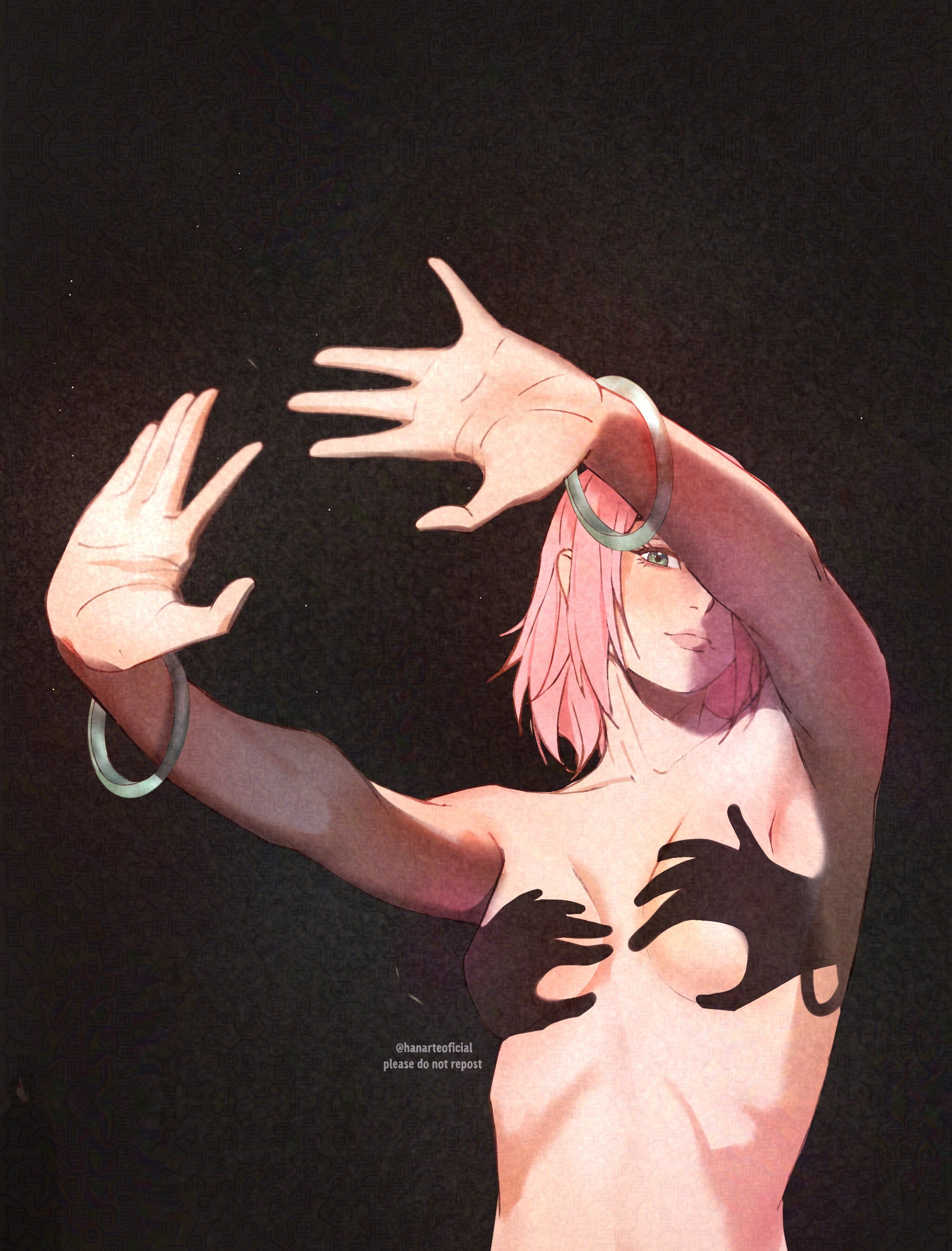 1girls, 2d, 2d (artwork), 2d artwork, anime, anime character, arm above head, arm up, armpit, armpit crease, armpit peek, armpits, arms above head, arms up, background, bare armpits, bare arms, bare breasts, bare chest, bare hands, bare shoulders, bare skin, bare tits, belly, black background, breasts, breasts apart, censored, censored breasts, censored nipples, closed mouth smile, collarbone, completely naked, completely naked female, completely nude, completely nude female, dark background, digital, digital art, digital drawing, digital drawing (artwork), digital media, digital media (artwork), drawing, elbows, exposed, exposed armpits, exposed arms, exposed breasts, exposed chest, exposed shoulders, exposed skin, fanart, female, female focus, female only, fingers, from below view, from front, front view, fully naked, fully nude, green eyes, green-eyed female, hairless armpits, hanarteoficial, hand above head, hand shadow covering breasts (meme), hand up, hands above head, hands up, haruno sakura, inframammary fold, kunoichi, lean figure, light smile, lip gloss, lips, lipstick, low angle view, low-angle shot, manga character, midriff, monotone background, naked, naked female, naked woman, narrow waist, naruto, naruto (classic), naruto (series), ninja, nude, nude female, nudity, one color background, petite, petite body, petite breasts, petite female, petite girl, petite tits, pink hair, pink hair female, pink lips, pink lipstick, pink-haired female, plain background, portrait, posing, posing for the viewer, posing naked, posing nude, presenting armpit, ribcage, ribs, sakura haruno, shadow censor, shaved armpits, shonen jump, short hair, shoulders, shueisha, skinny, skinny female, skinny girl, skinny waist, slender body, slender waist, slight smile, slim female, slim waist, small boobs, small breasts, small tits, small waist, smile, smiley face, smiling, solid color background, solo, standing, studio pierrot, thin female, thin waist, tiny breasts, tiny tits, top view, topless, topless female, upper body, view from below, viewed from below, weekly shonen jump