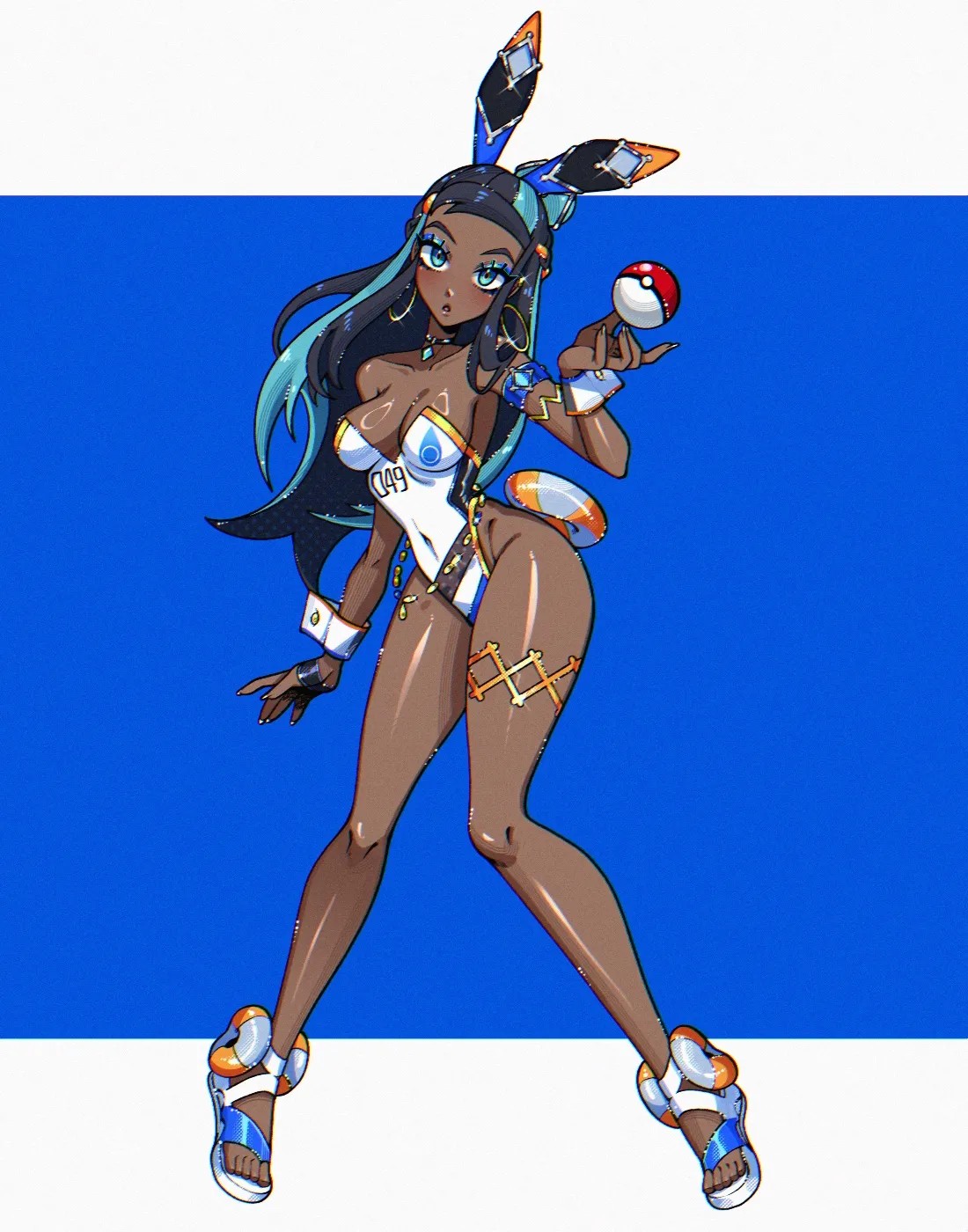 :o, 1girls, 2d, 2d (artwork), 2d artwork, ankles, armband, background, bare armpits, bare arms, bare calves, bare chest, bare hands, bare hips, bare knees, bare legs, bare shoulders, bare skin, bare thighs, belly button, big boobs, big breasts, black bunny ears, black choker, black hair, black hairband, black-haired female, blue background, blue eyeliner, blue eyes, blue hair, blue-eyed female, blue-haired female, breasts, brown belly, brown body, brown breasts, brown skin, brown skinned female, brown-skinned female, bunny costume, bunny ears, bunnygirl, bunnygirl outfit, bunnysuit, busty, busty female, busty girl, calves, choker, cleavage, collarbone, crystalsugarstars, curvaceous, curvaceous body, curvaceous female, curvaceous figure, curvaceous hips, curvaceous thighs, curvy, curvy body, curvy female, curvy figure, curvy hips, curvy thighs, dark hair, digital, digital art, digital drawing, digital drawing (artwork), digital media, digital media (artwork), drawing, ear piercing, ear piercings, earrings, elbows, exposed armpits, exposed arms, exposed chest, exposed hips, exposed legs, exposed shoulders, exposed skin, exposed thighs, eyeliner, feet, female, female focus, female only, fingernails, fingers, full body, groin, hair ornament, hair ornaments, head tilt, hourglass figure, inframammary fold, inguinal crease, inguinal ligament, knees, large boobs, large breasts, lean figure, legs, leotard, long hair, looking at viewer, multicolored background, multicolored hair, narrow waist, navel, nessa (pokemon), open mouth, parted lips, pierced ear, pierced ears, plain background, pokeball, pokemon, portrait, posing, posing for the viewer, shoulders, slender body, slender waist, slim female, slim waist, solid color background, solo, split-color hair, standing, thighs, tilted head, toes, topwear, two tone hair, two-tone background, two-tone hair, white background, white bunnysuit, white leotard, white topwear, white wrist cuffs, wide hips, wrist cuffs