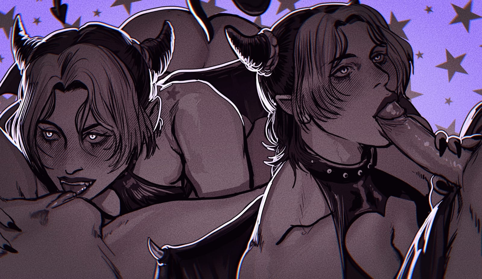 1boy, 2girls, bisexual, bisexual female, cunnilingus, devouring pussy, ermes costello, fellatio, jojo no kimyou na bouken, jojo's bizarre adventure, jolyne cujoh, jolyne kujo, lesbian, lesbian sex, licking penis, licking pussy, monochrome, narciso anasui, stone ocean, teasing, umikochannart, yuri