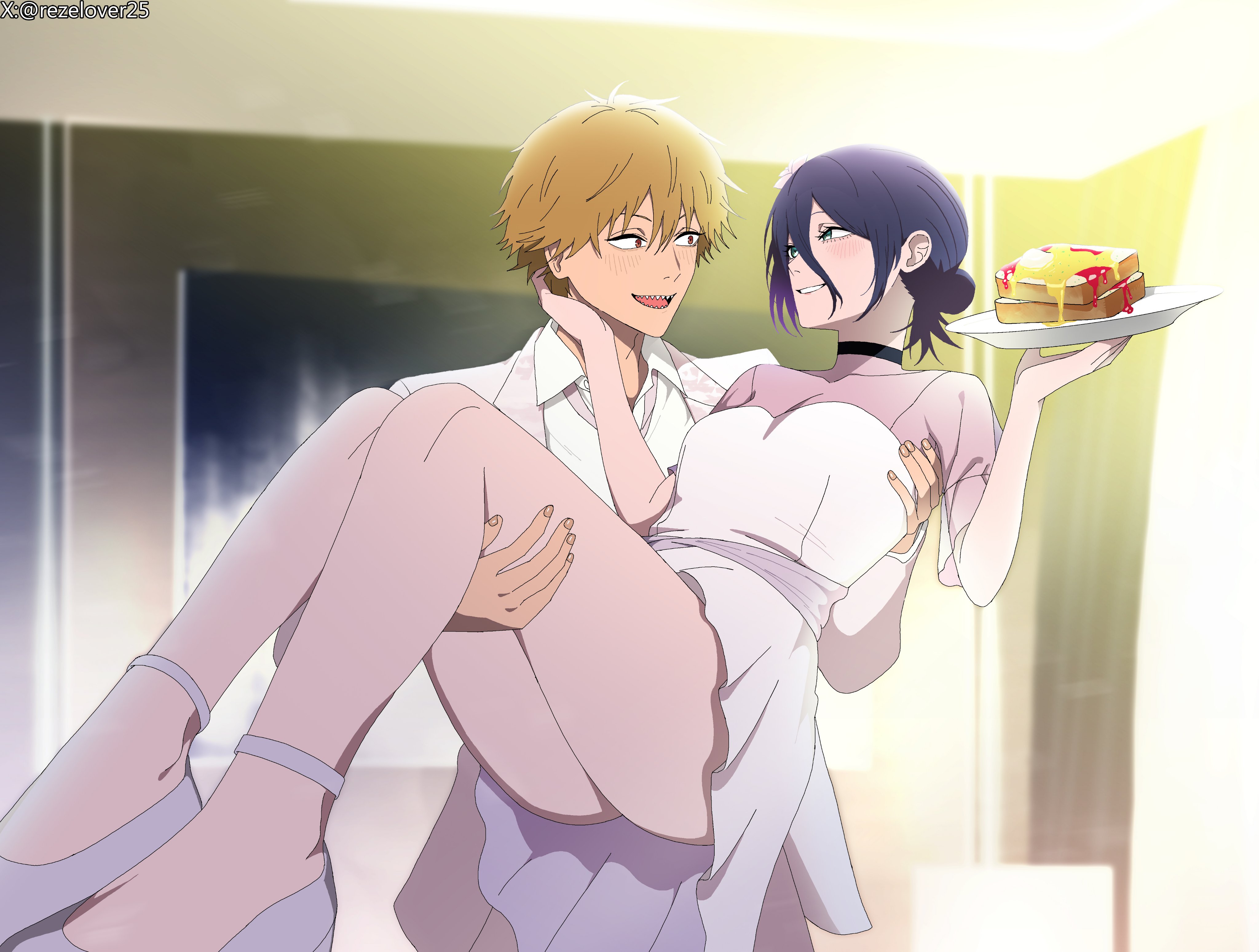 1boy, 1girls, ass, chainsaw man, commission, commissioner upload, denji (chainsaw man), dress, food, green eyes, legs, orange hair, plate, princess carry, purple hair, reze (chainsaw man), rezelover25, sharp teeth, smile, suit, toast, wedding dress, white dress, white suit