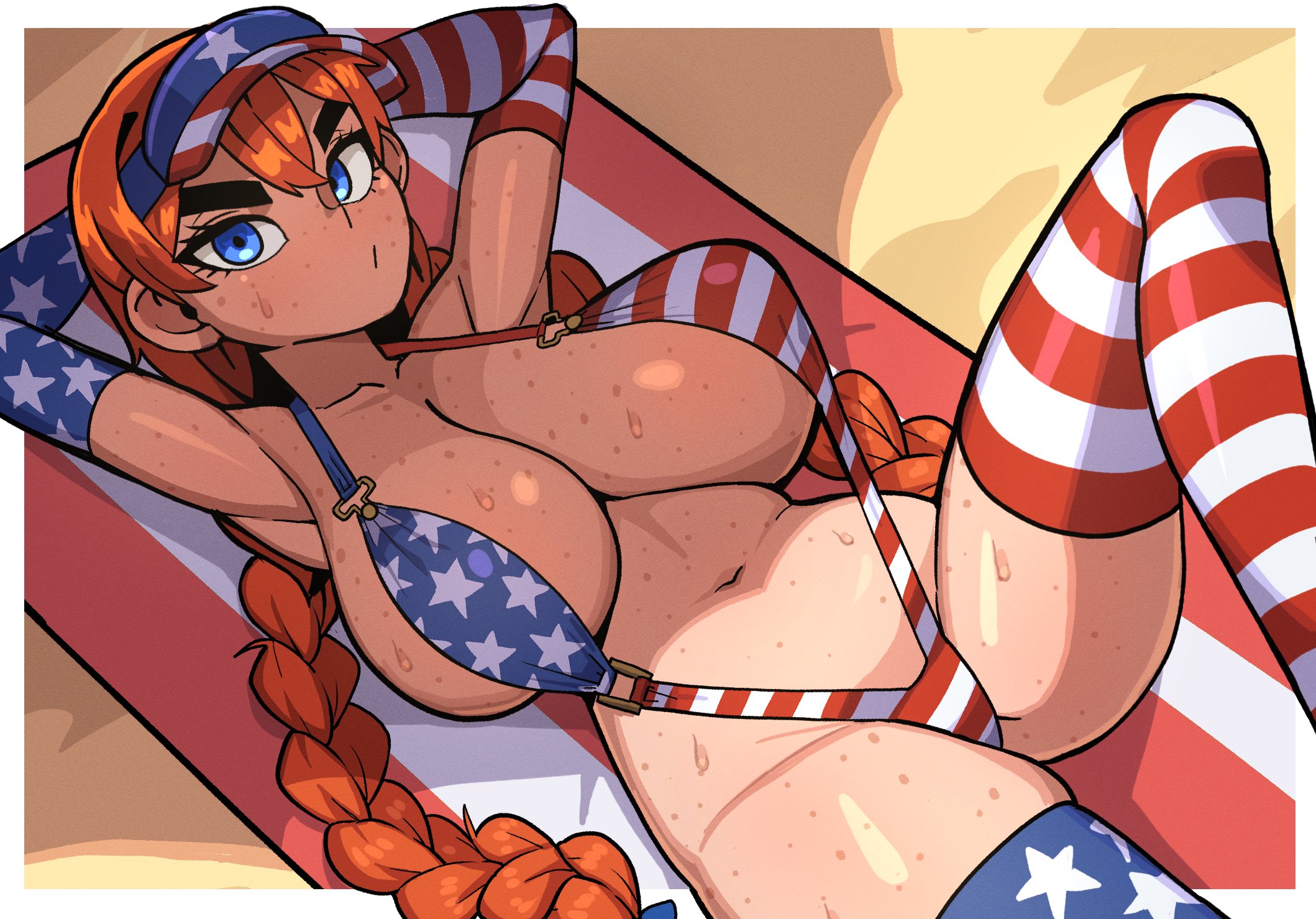 1girls, 2026, american flag bikini, bbtan, braids, huge breasts, judy (bbtan), looking at viewer, red hair, slingshot bikini, tagme