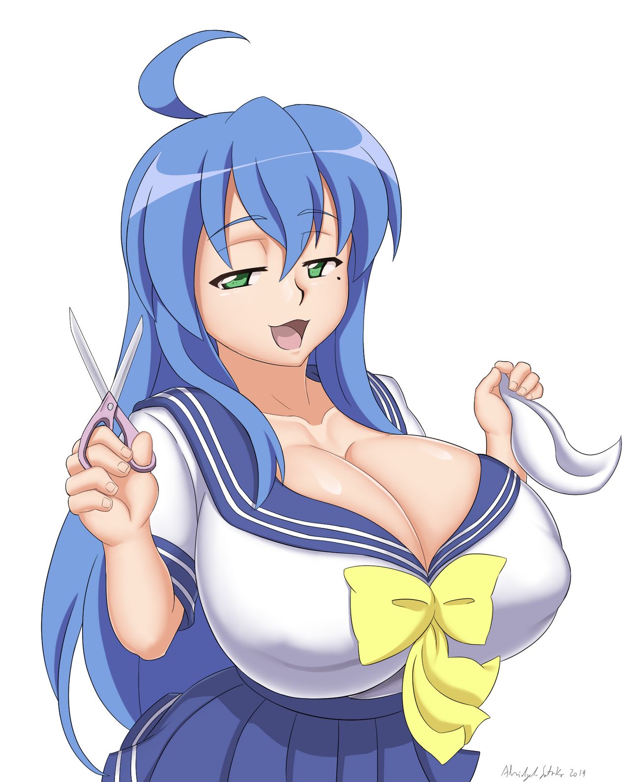 abridged-satoko alternate_breast_size big_breasts blue_hair green_eyes huge_breasts konata_izumi lucky_star school_uniform solo solo_female tagme