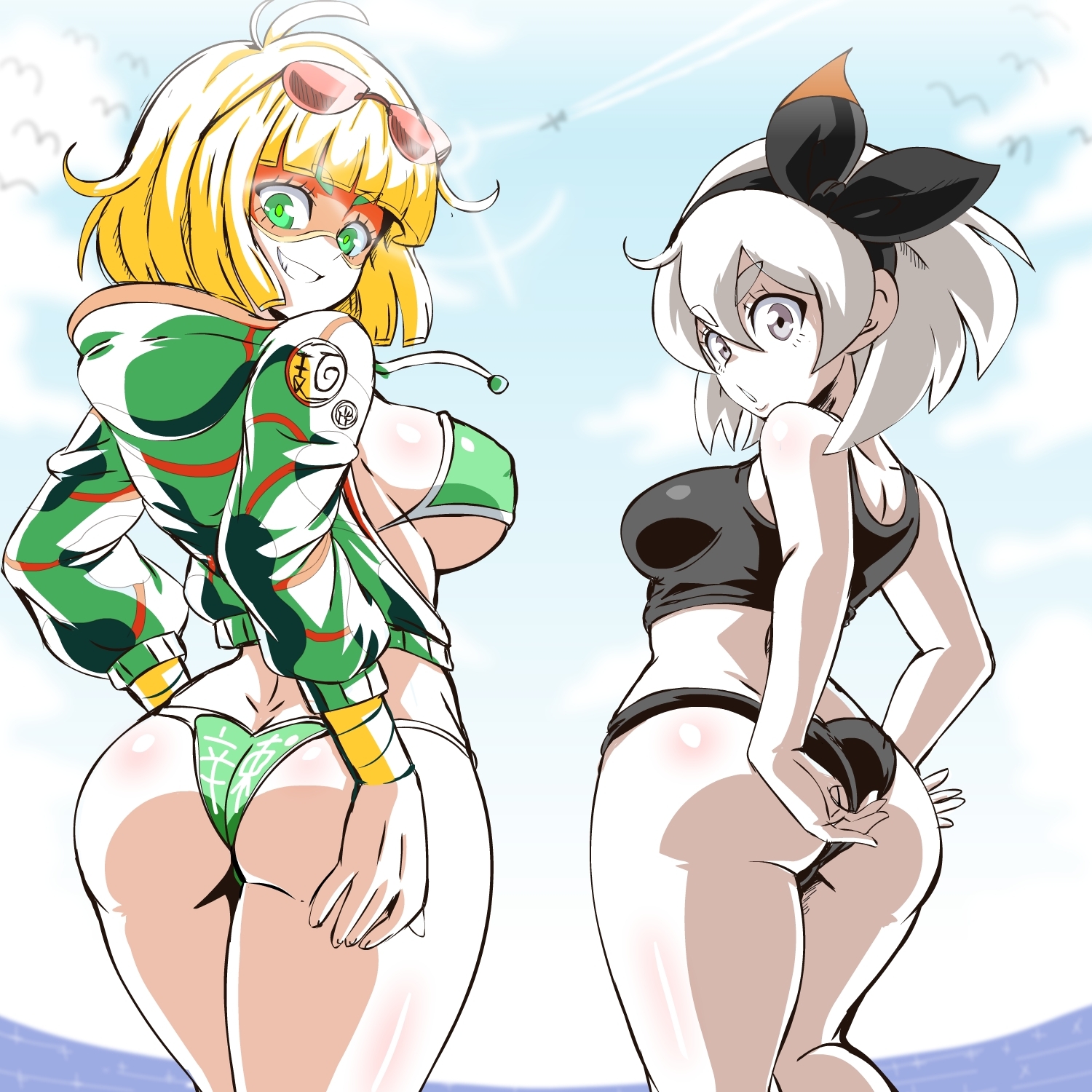 1:1, 2girls, arms (game), ass, bea (pokemon), big ass, big breasts, bikini, bimbo, blonde hair, blonde-haired female, breasts, crossover, eye contact, female, female only, green eyes, grey eyes, grey hair, grey-haired female, hair ribbon, human, large breasts, lewdamone, light skin, light-skinned female, looking at viewer, mask, medium hair, min min (arms), nintendo, pale skin, pale-skinned female, partially colored, pokemon, pokemon ss, smile, sunglasses, sunglasses on head, teenager, thick ass, thick thighs, thighs