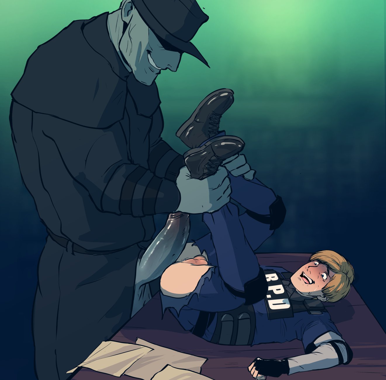 2boys, afraid, anal, anal sex, balls, big dom small sub, big penis, blonde hair, blush, booty electric, boy rape, closed eyes, clothed, clothing, color, desk, evil grin, forced yaoi, gay, gloves, grey skin, hand on penis, hat, holding, holding legs, imminent anal, imminent death, imminent rape, imminent sex, legs up, leon scott kennedy, male, male only, monster, monster on male, mr x, pants, pants down, penis, police, police uniform, rape, rape face, resident evil, restrained, ripped clothing, scared, short hair, size difference, smaller male, smile, sweat, table, testicles, thick penis, thick thighs, thighs, tyrant, tyranted, yaoi