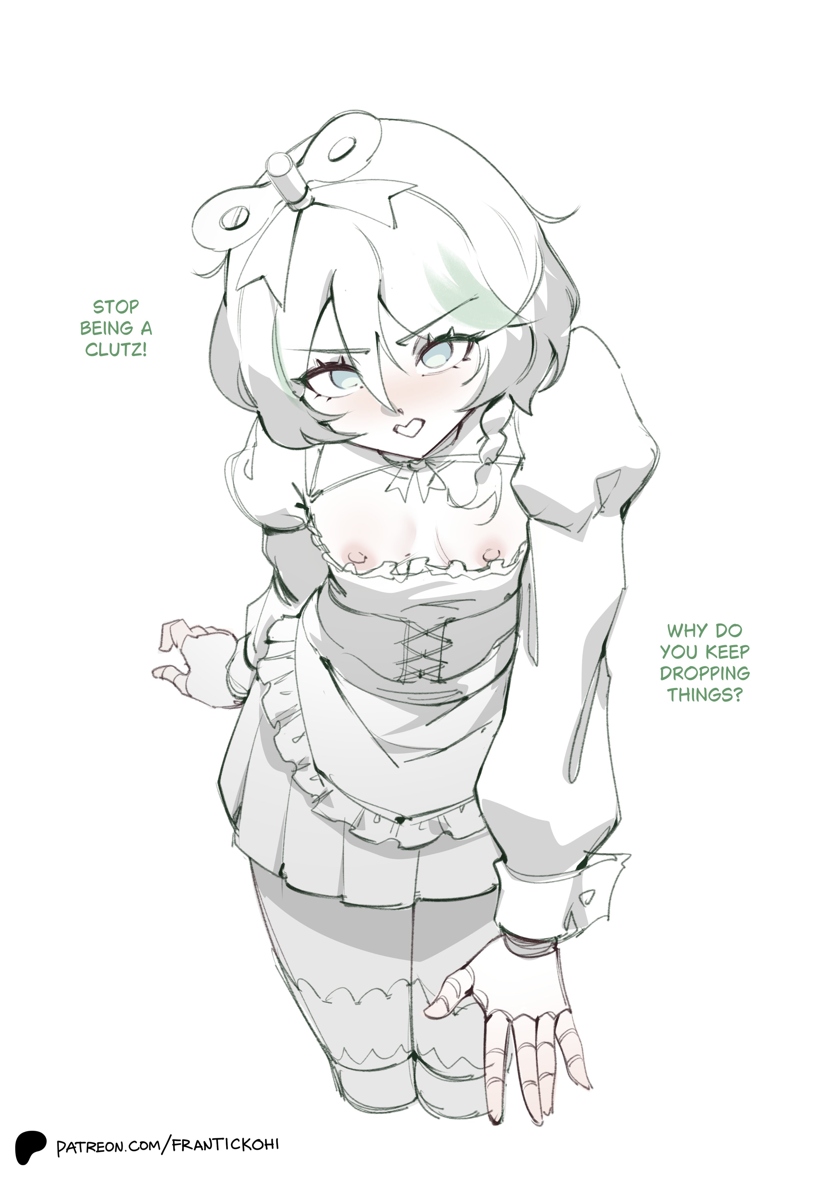 1girls, angry, angry at viewer, annoyed, apron, areolae, automaton, bangs, braided hair, breasts out, cecilia immergreen, cleavage cutout, corset, cuffs (clothing), doll, doll joints, dress, eyebrows, eyelashes, female, female focus, flat chest, franticpanik, frilly clothing, green hair, green streak, hair between eyes, hololive, hololive english, hololive english -justice-, legs together, lineart, long sleeves, looking at viewer, loose clothing, maid, maid apron, maid dress, maid outfit, maid skirt, monochrome, mouth open, necklace, nipples, oblivious, petite, petite body, petite female, puffy sleeves, ribbon, robot, robot girl, short hair, short skirt, simple background, skirt, small breasts, solo, solo focus, standing, talking, talking to viewer, thighs, unaware, unaware exhibitionist, virtual youtuber, wardrobe malfunction, white background, wind up mechanism, wind-up key