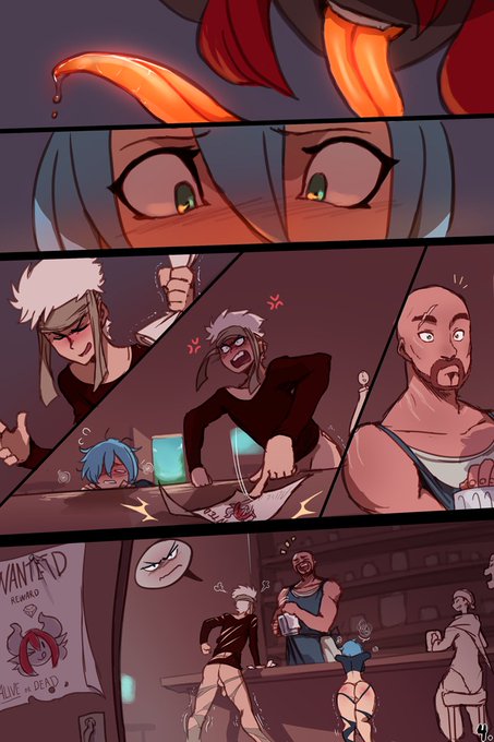 2boys 2girls angry bartender blue_hair bounty comic green_eyes grey_skin implied_rape kanel laughing long_tongue original original_character red_hair sinder tavern torn_clothes wanted_poster white_hair