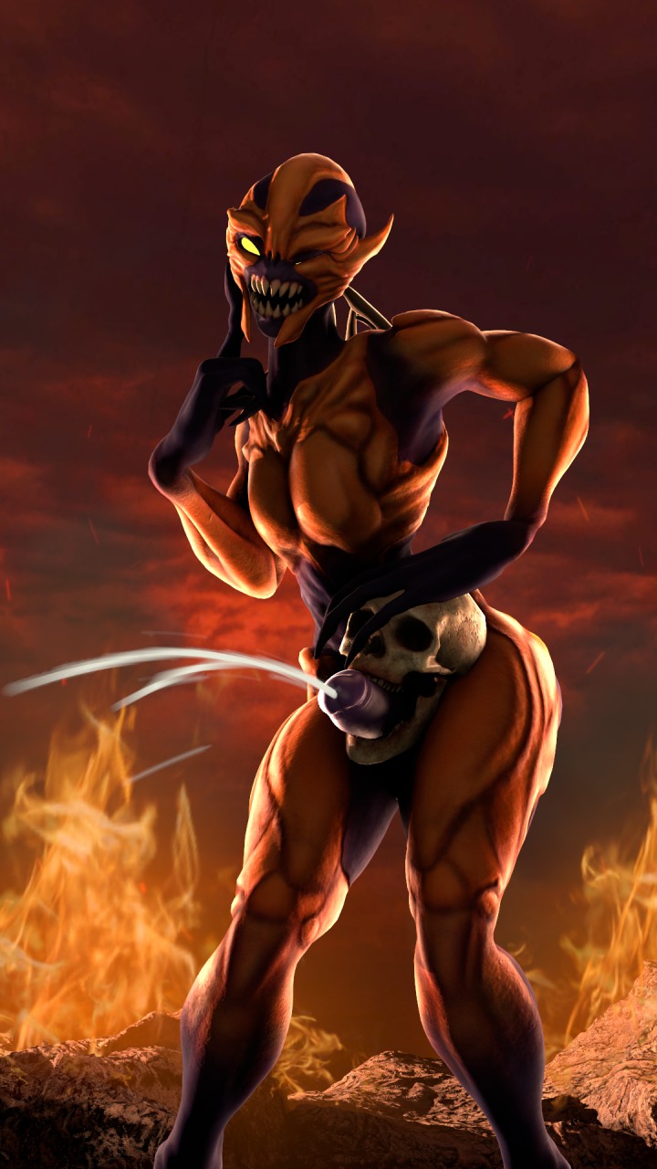 3d, 3d (artwork), cum, cumshot, death, defeated, demon, doom, femboy, game over, girly, humiliation, imp (doom), male, male only, monster, muscular, penis, skull, skull fucking, solo, solo focus, source filmmaker, thick thighs, thighs, wide hips