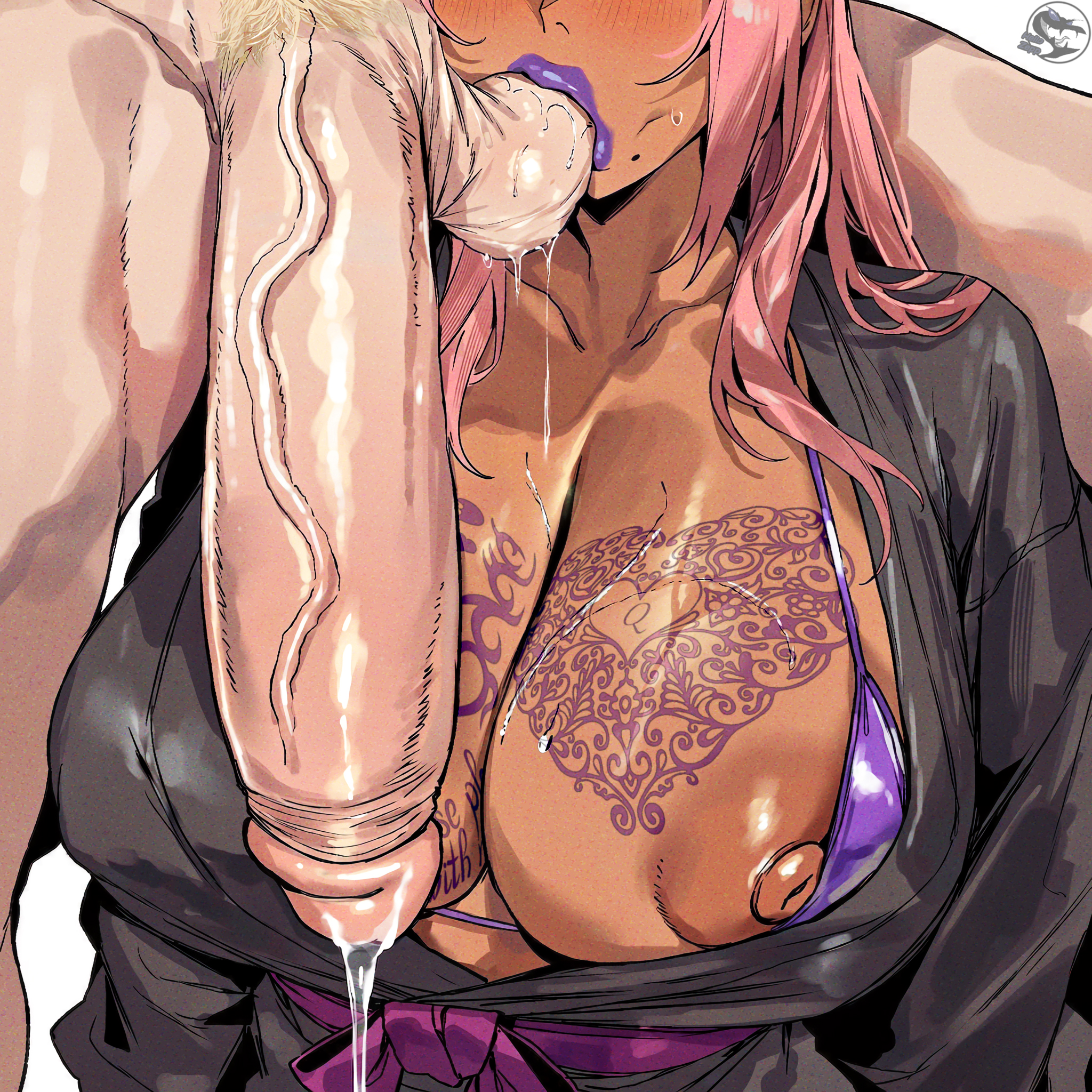 1boy, 1girls, ai generated, balls sucking, bikini top, bleached, blush, breasts, cleavage, cock worship, dark skin, dark-skinned female, female, hello zepp, huge breasts, huge penis, ingrid (taimanin asagi), interracial, light-skinned male, long hair, male, mole, mole under mouth, nipple slip, oral, penis, pink hair, precum, purple lipstick, queen of hearts, robe, saliva, shiny skin, straight, taimanin (series), tattoo, testicle sucking, testicles, veiny penis