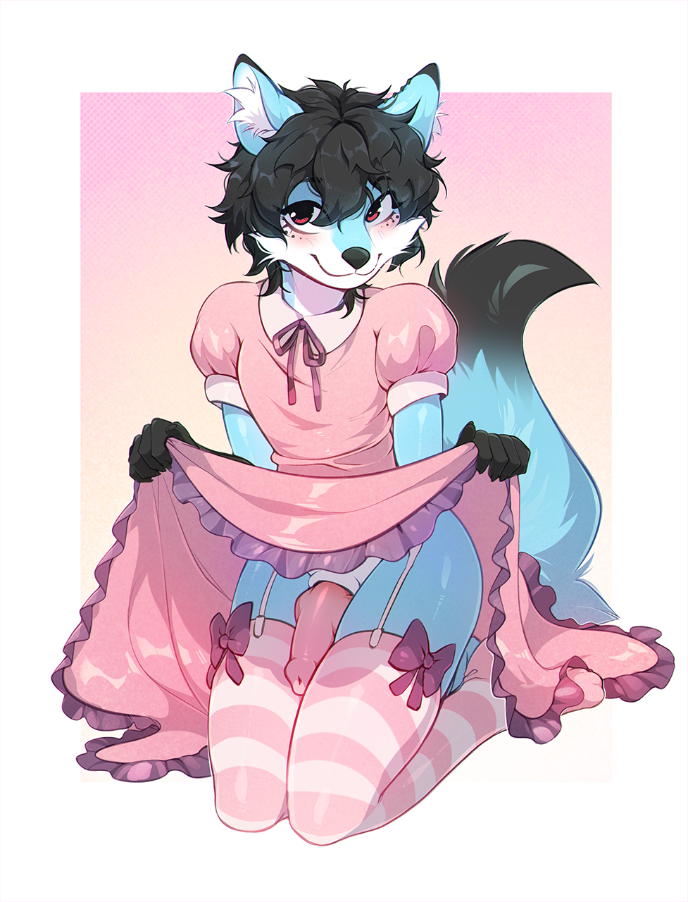 animal_genitalia animal_penis anthro black_hair blue_body blue_fur blush bow canid canine canine_penis canis clothed clothing clothing_lift crossdressing dress dress_lift fox fumiko fur furry furry_only garter_straps genitals girly hair hi_res hybrid kneeling knot legwear looking_at_viewer male male_only mammal pattern_clothing pattern_legwear penis pink_clothing pink_dress revealing_penis sheath short_hair simple_background smile solo stockings striped_clothing striped_legwear striped_stockings stripes syntax_blue tail upskirt white_body white_fur wolf