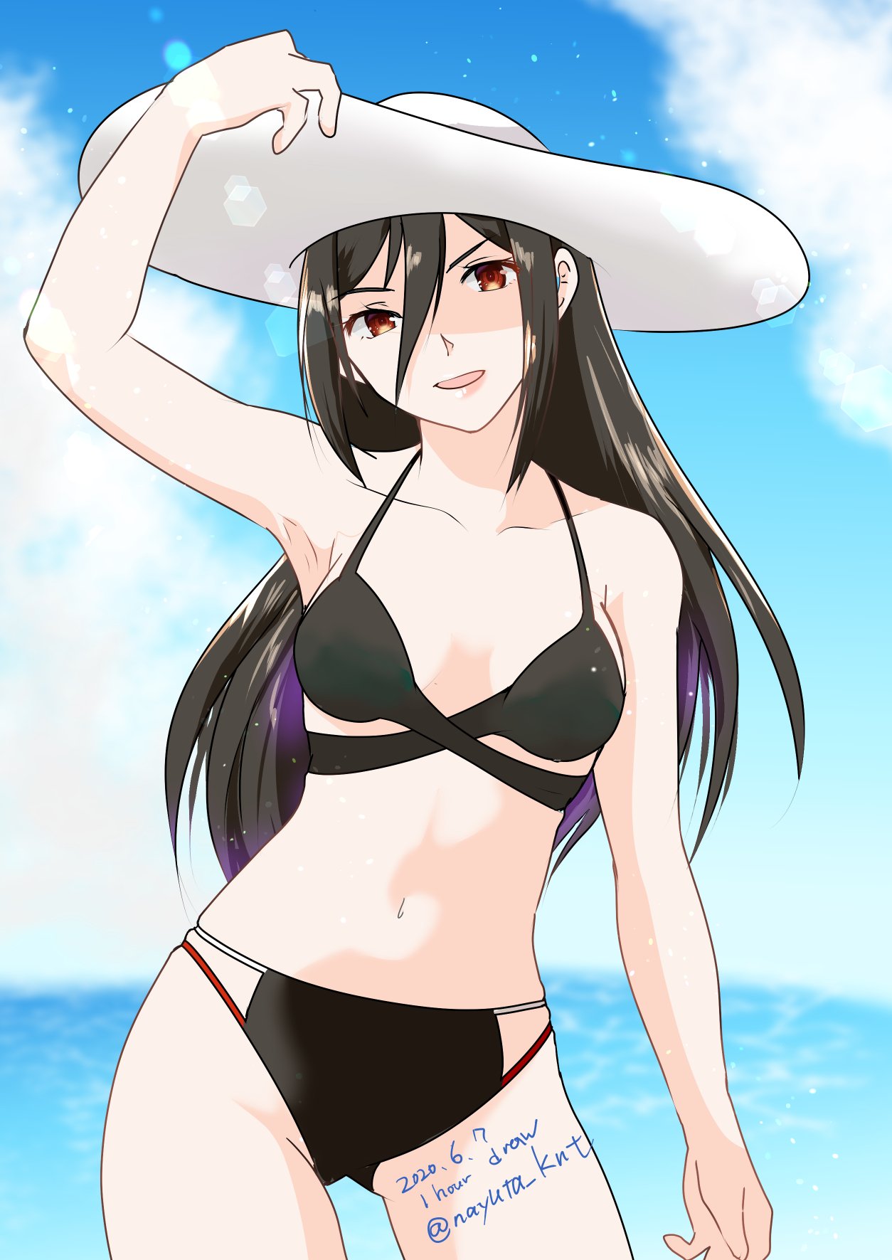 1girls beach bikini black_bikini black_hair black_swimsuit breasts clouds cowboy_shot day female hair_down hat highres lips long_hair looking_at_viewer midriff morag_ladair_(xenoblade) navel nayuta-kanata nayuta-knt nintendo ocean outdoors outside red_eyes sky small_breasts solo sun_hat swimsuit water xenoblade_(series) xenoblade_chronicles_2