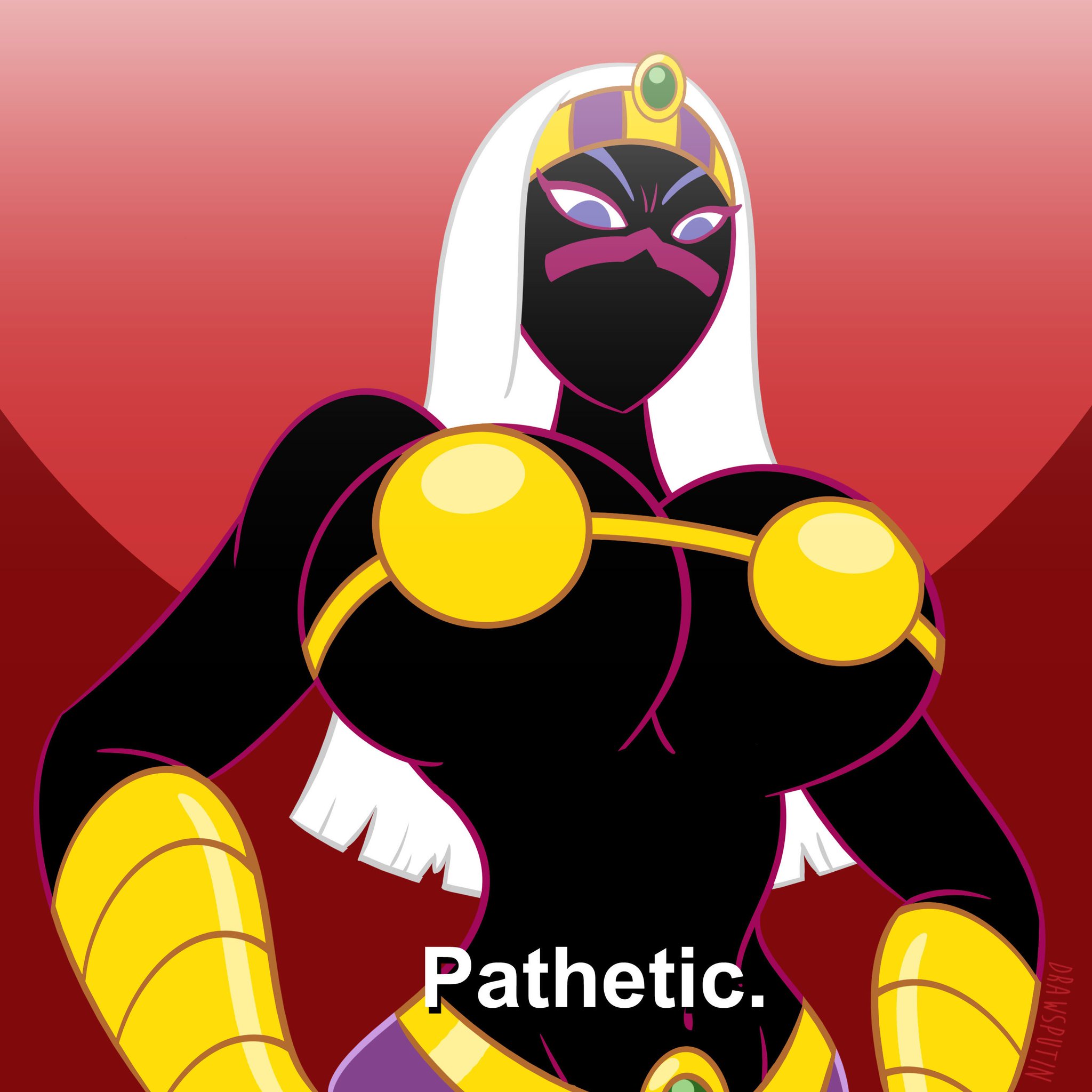 1girls, alien, alien girl, alien humanoid, bikini, bikini top, breasts, dark skin, drawsputin, duck dodgers, english text, female, female only, headdress, hips, huge breasts, humor, looking down, looney tunes, martian, martian (duck dodgers), meme, midriff, queen tyr'ahnee, solo, solo female, text, vambraces, warner brothers, wide hips