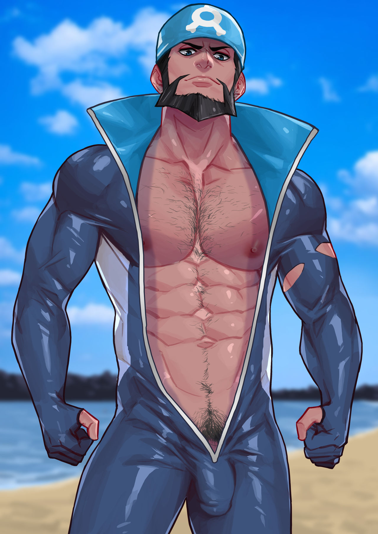 1boy, archie (pokemon), bara, beard, bulge, facial hair, flaccid, looking at viewer, looking down, looking down at viewer, low-angle view, male, male only, maorenc, muscular, muscular male, navel, nintendo, nipples, penis, penis bulge, pokemon, pubes, pubic hair, skimpy, skin tight, solo, team aqua