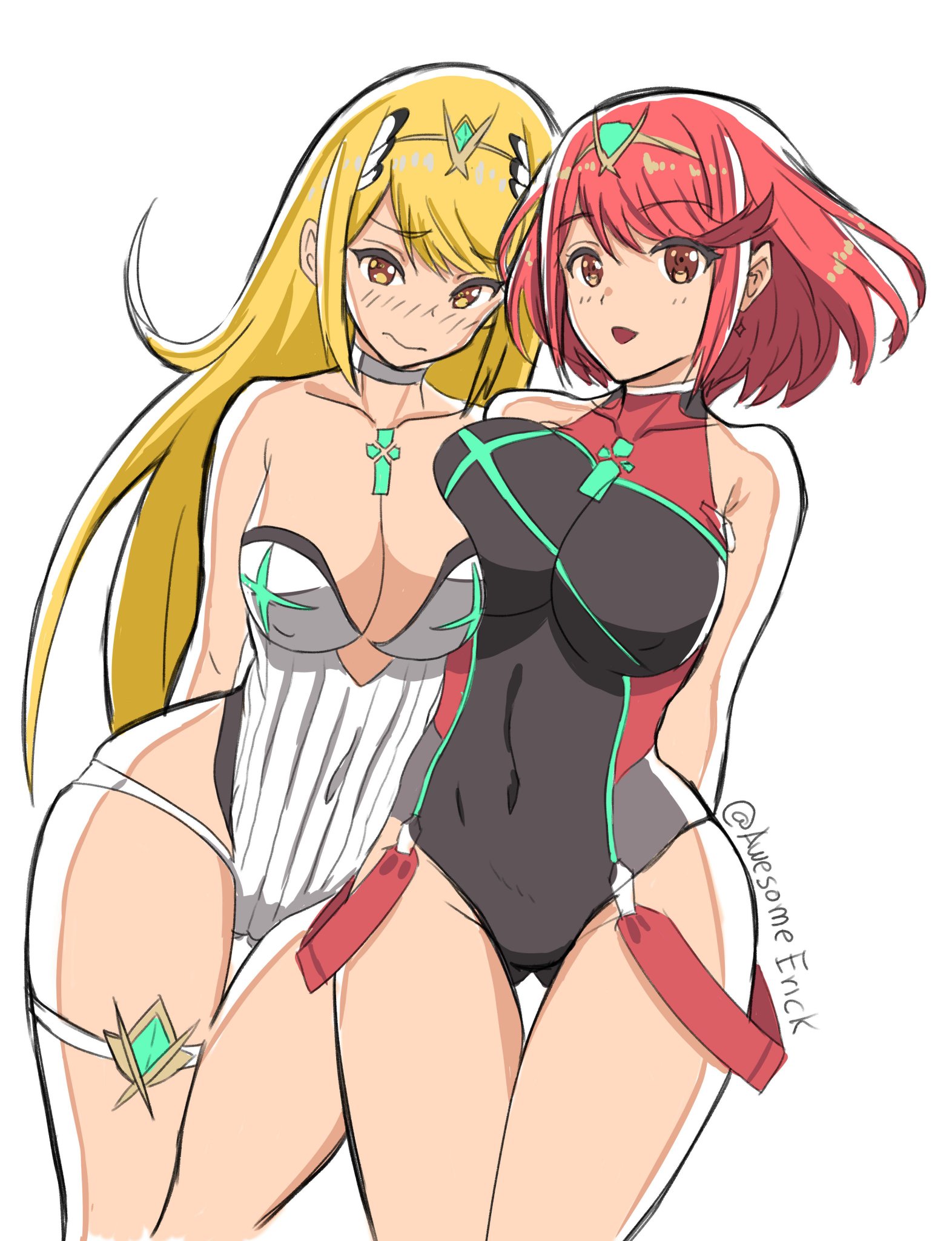 2girls, arms behind back, awesomeerix, bangs, bare shoulders, blonde hair, blush, bondage, breast press, breasts, check commentary, cleavage, commentary, commentary request, competition swimsuit, covered navel, dual persona, earrings, english commentary, eyebrows visible through hair, female, gem, hair ornament, highres, jewelry, large breasts, looking at viewer, multiple females, multiple girls, multiple persona, mythra, nervous, nintendo, one-piece swimsuit, pose, pyra, red eyes, red hair, short hair, shy, sidelocks, simple background, skindentation, smile, standing, swept bangs, swimsuit, thick thighs, thigh gap, thigh strap, thighs, white background, xenoblade (series), xenoblade chronicles 2, yellow eyes