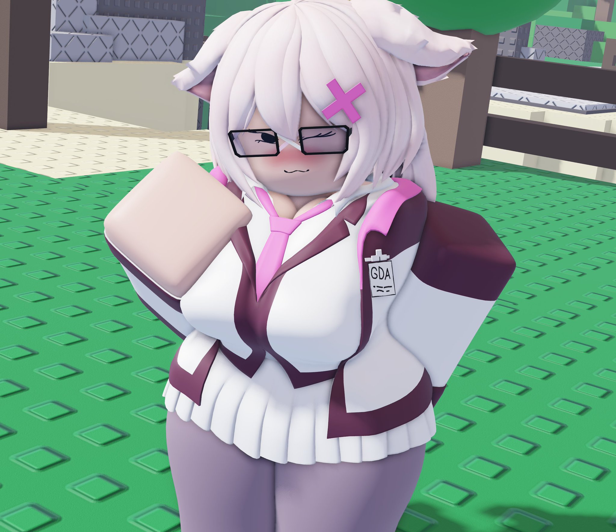 1girls, 3d, breasts, cleavage, clothed, farm (tdx), fully clothed, neko farm (tdx), niki okarin, roblox, roblox game, robloxian, tagme, thighs, tower defense x