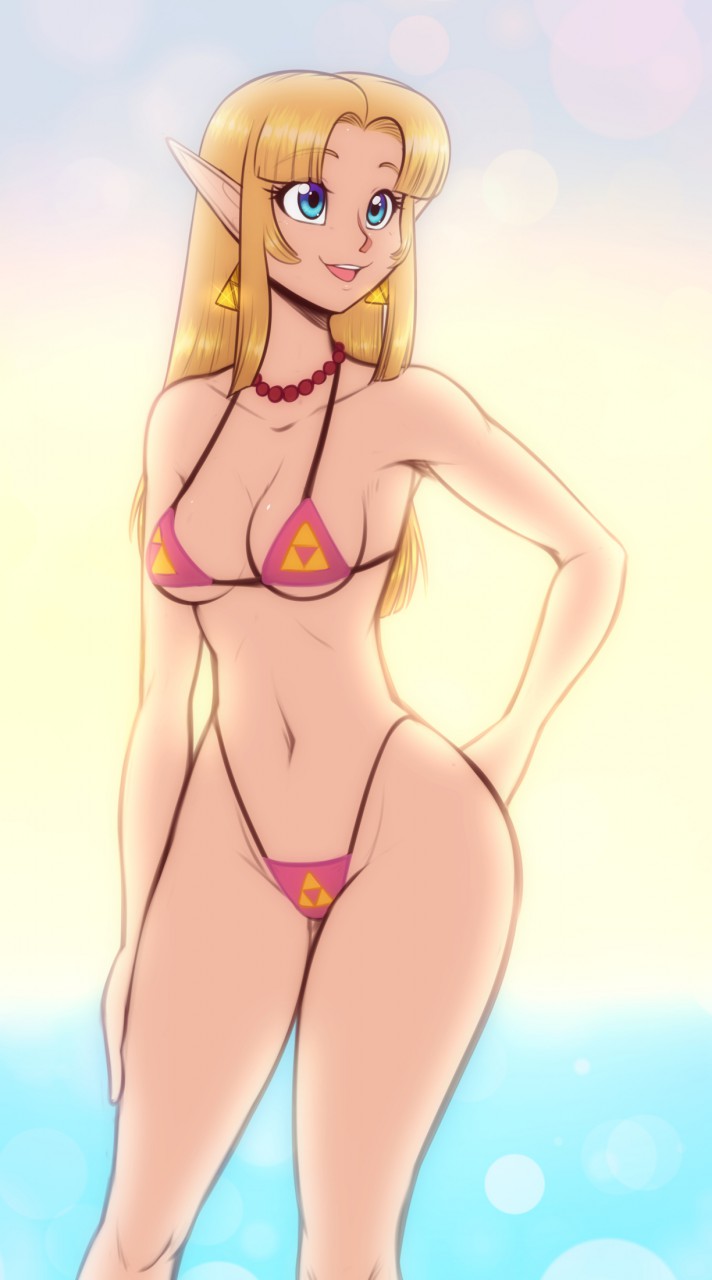 1girls a_link_between_worlds beach bikini blonde_hair blue_eyes breasts cleavage earrings female female_only hylian jewelry long_hair navel necklace nintendo pointy_ears princess_zelda scorpdk smile smiling solo standing swimsuit the_legend_of_zelda thighs zelda_(a_link_between_worlds)