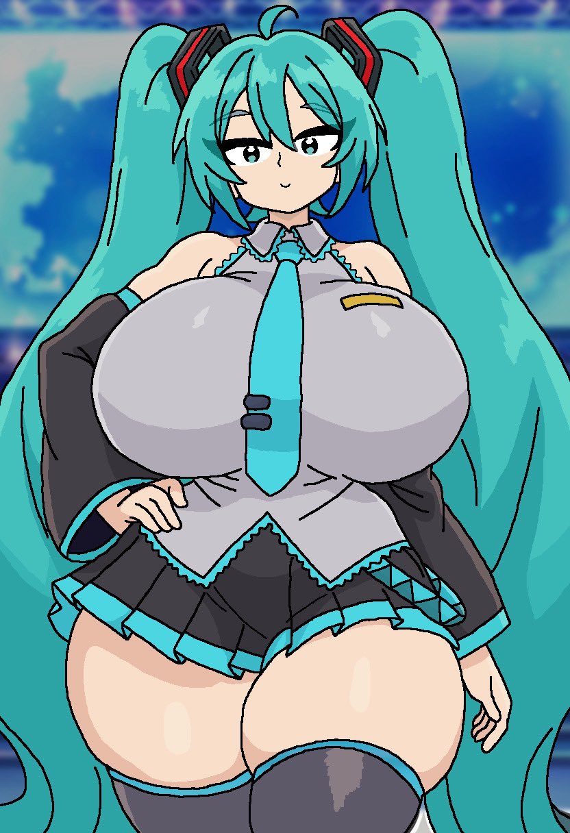 ag art account, big breasts, blue eyes, blue hair, breasts, grey clothing, hatsune miku, huge breasts, long hair, looking at viewer, music, smile, smiling at viewer, stage, stage lights, stage show, thicc, thick thighs, thighhighs, tie, twin braids, twintails, vocaloid, wide thighs