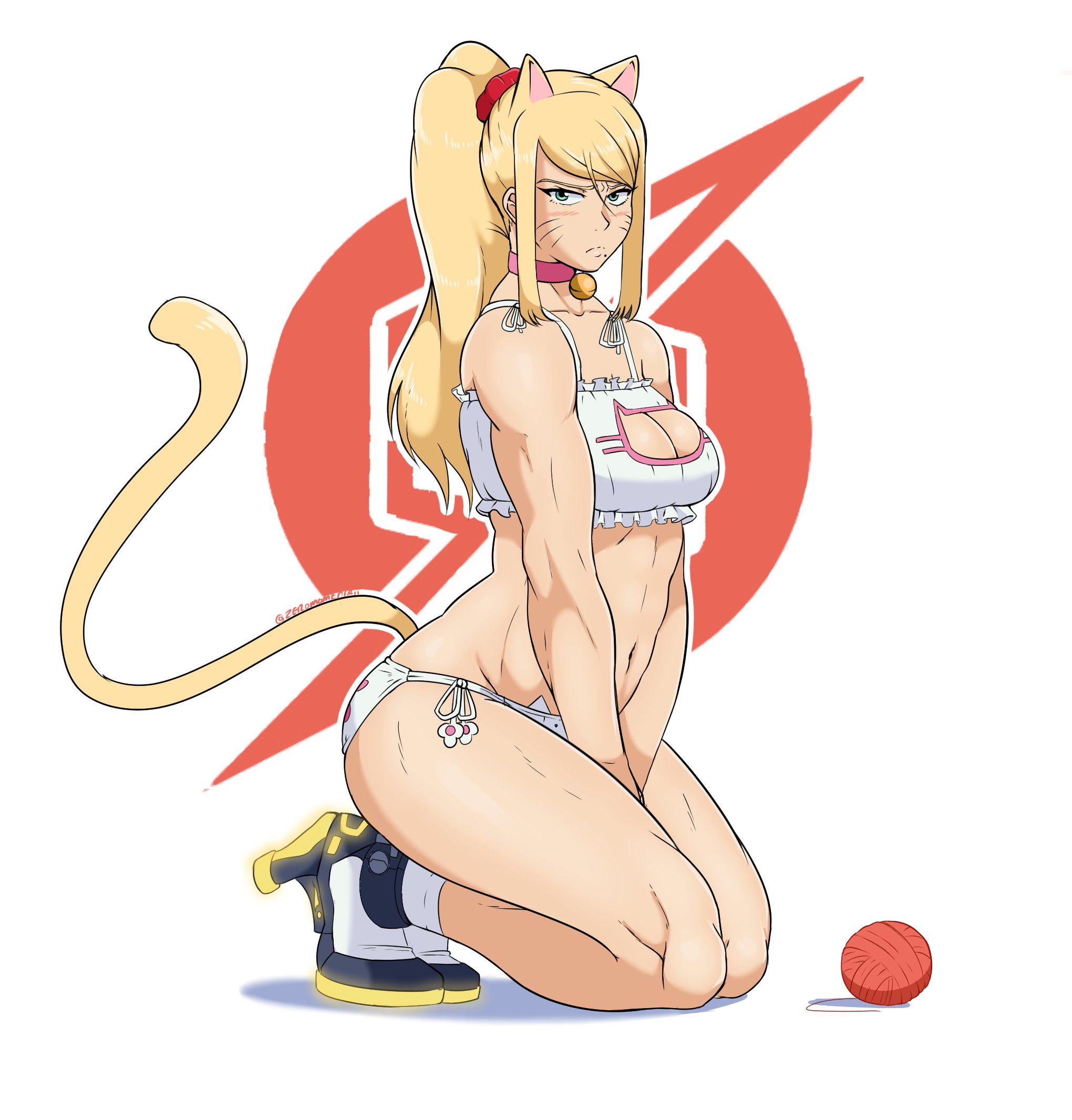 1girls, animal ears, animal tail, ball of yarn, bell collar, big breasts, blonde, blonde hair, blue eyes, breasts, cat cutout, cat ears, cat tail, choker, cleavage, cleavage cutout, clothed, clothed female, clothes, clothing, female, female only, footwear, green eyes, heels, high heels, kneeling, long hair, looking at viewer, metroid, navel, nintendo, panties, ponytail, revealing clothes, samus aran, sci-fi, science fiction, side-tie panties, solo, solo female, solo focus, tail, tied hair, tiptoes, uncensored, underwear, whisker markings, whiskers, white background, yarn, zeromomentai