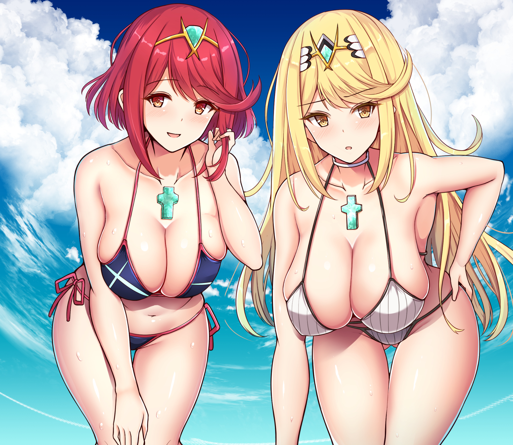 2girls, bent over, bikini, black bikini, blonde hair, blush, breasts, choker, cleavage, cloud, collarbone, dual persona, earrings, feet out of frame, female, female focus, gluteal fold, hand on own ass, hand on own knee, hanging breasts, highres, jewelry, large breasts, long hair, looking at viewer, matching hair/eyes, multiple females, multiple girls, mythra, nintendo, noeomi, open mouth, pyra, red eyes, red hair, short hair, side-tie bikini, skindentation, sky, smile, swimsuit, thigh gap, thighs, tiara, wet, white bikini, xenoblade (series), xenoblade chronicles 2, yellow eyes