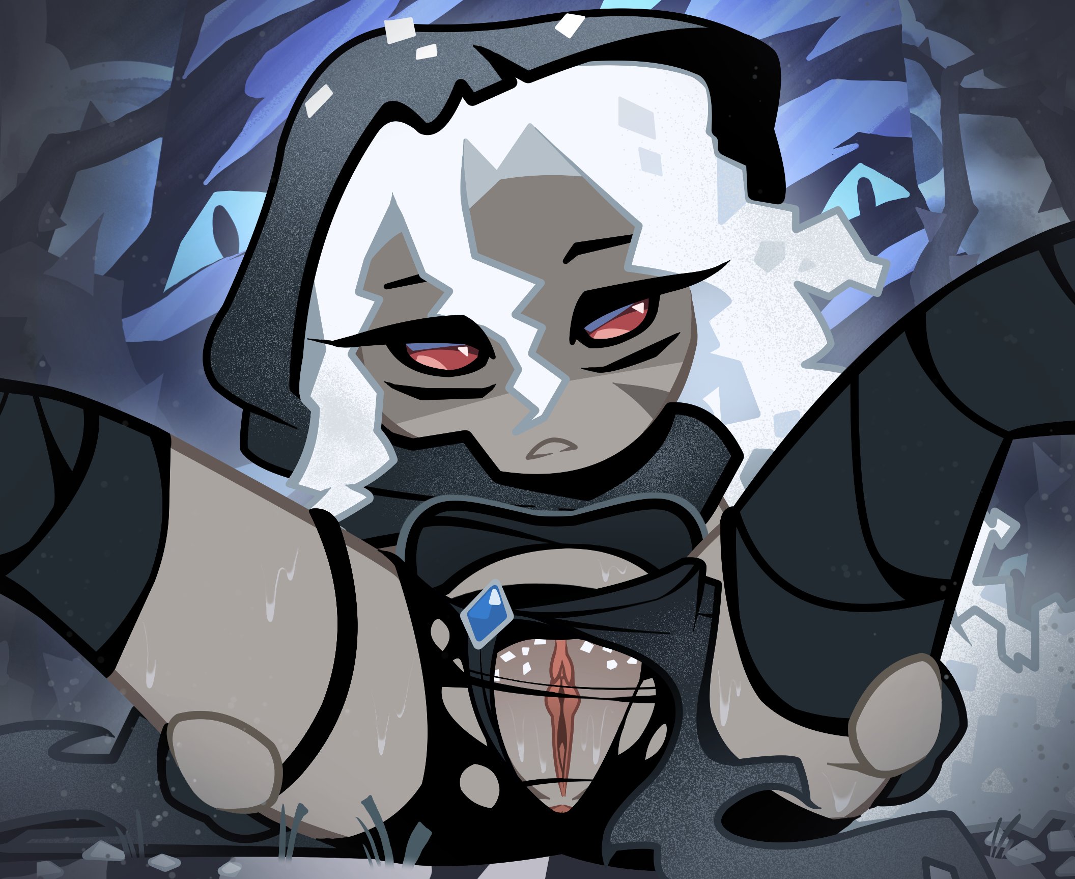 1girls, ash salt cookie, canaryprimary, clothed, cookie run, cookie run kingdom, exposed pussy, female only, hood, legwear, pale-skinned female, ripped clothing, ripped pants, spread legs, sweat, sweaty body