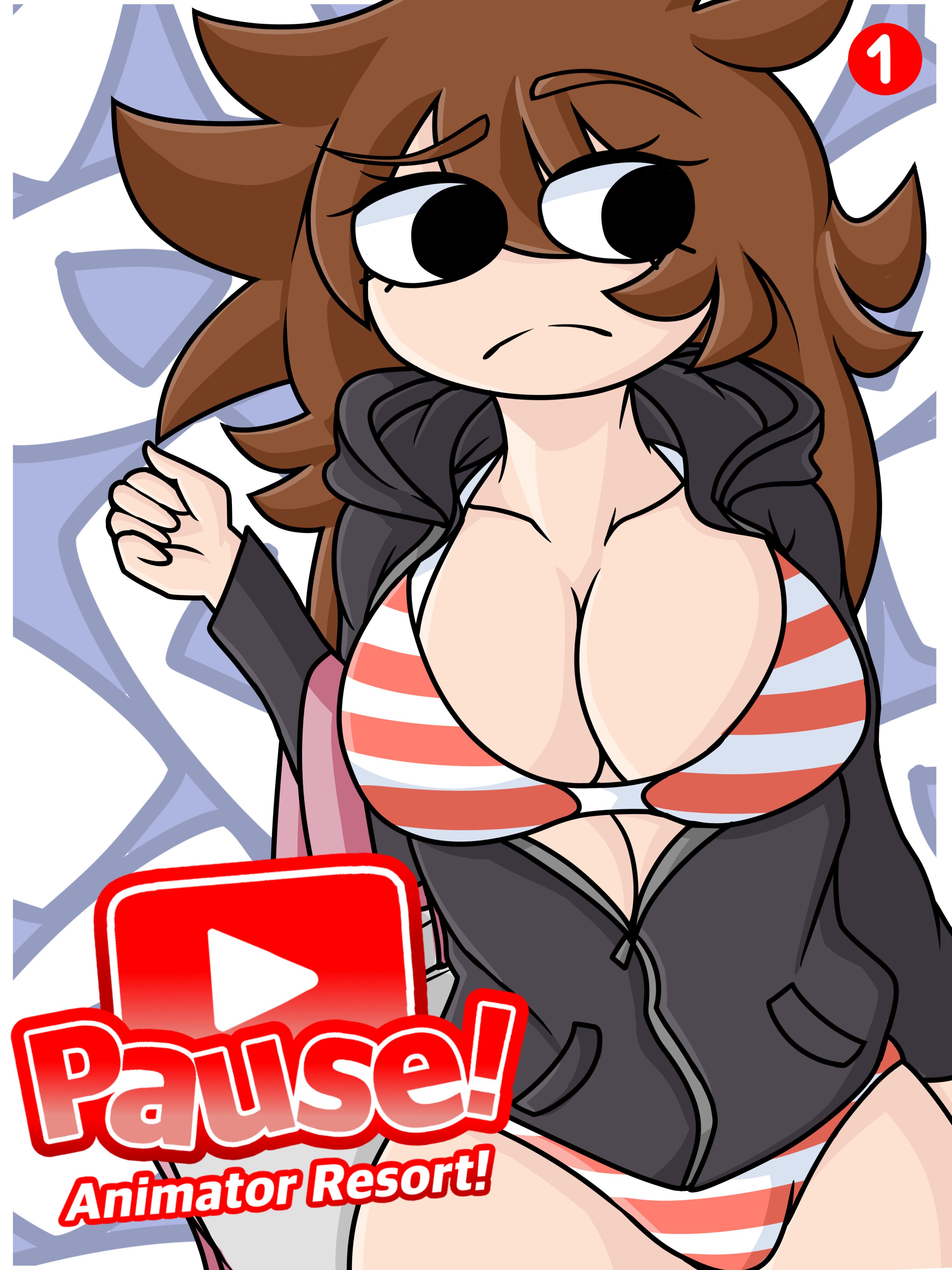 1girls, 2020, absurd res, ahoykoi, alternate breast size, alternate outfit, black jacket, blue background, bra, breasts, brown eyebrows, brown hair, cleavage, cleavage cutout, clothed female, comic, comic cover, detailed background, eyebrows, eyebrows visible through hair, eyelashes, female, female only, hi res, jacket, jacket over swimsuit, koianimations, looking to the side, orange stripes, panties, purse, raised eyebrow, red text, shannon gurr, shgurr, solo, swimsuit, tan body, tan skin, text, thighs, white background, white stripes, wide hips, youtube, youtuber, zipper