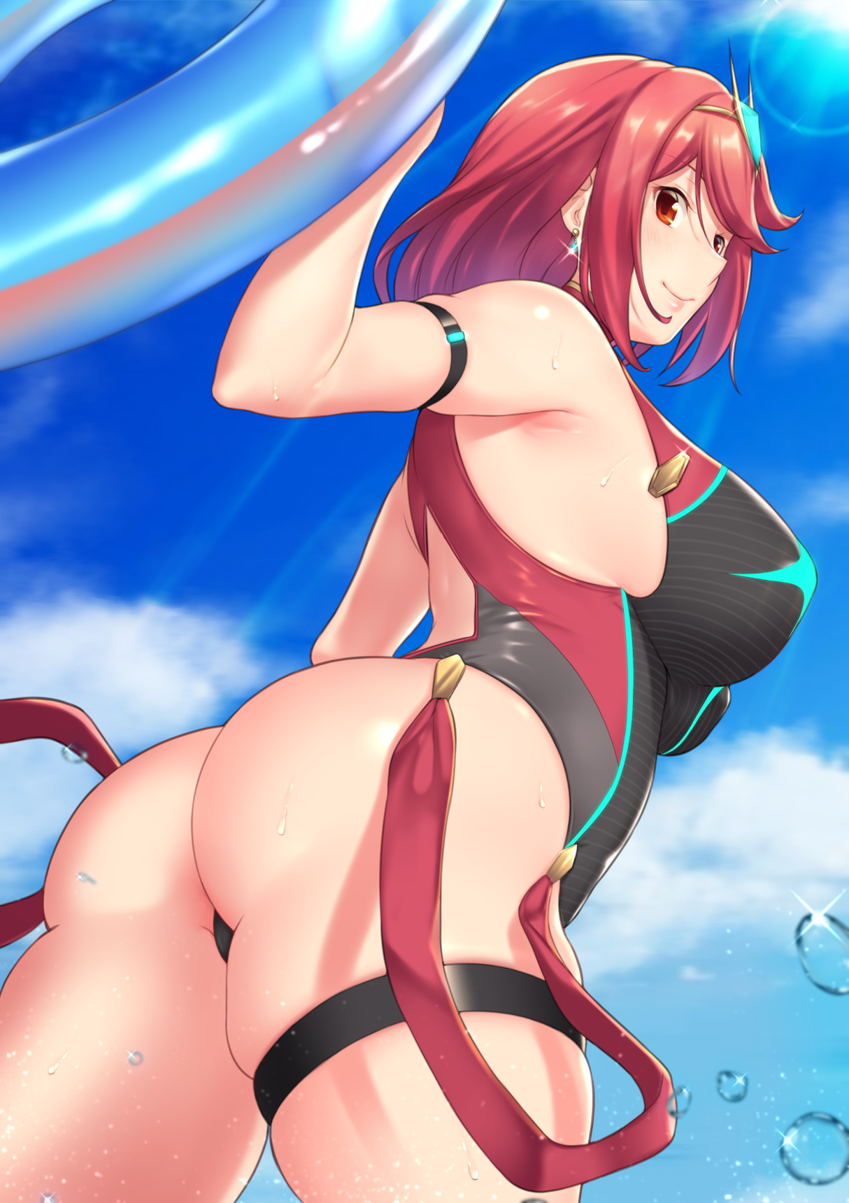 1girls, arm strap, ass, aster crowley, back, bangs, bare shoulders, black swimsuit, blue sky, blush, breasts, closed mouth, competition swimsuit, duplicate, earrings, female, highleg, highleg swimsuit, highres, innertube, jewelry, large breasts, looking at viewer, nintendo, no nostrils, one-piece swimsuit, pyra, red eyes, red hair, red swimsuit, short hair, sky, smile, solo, swept bangs, swimsuit, thigh strap, thighs, tiara, two-tone swimsuit, water drop, xenoblade (series), xenoblade chronicles 2