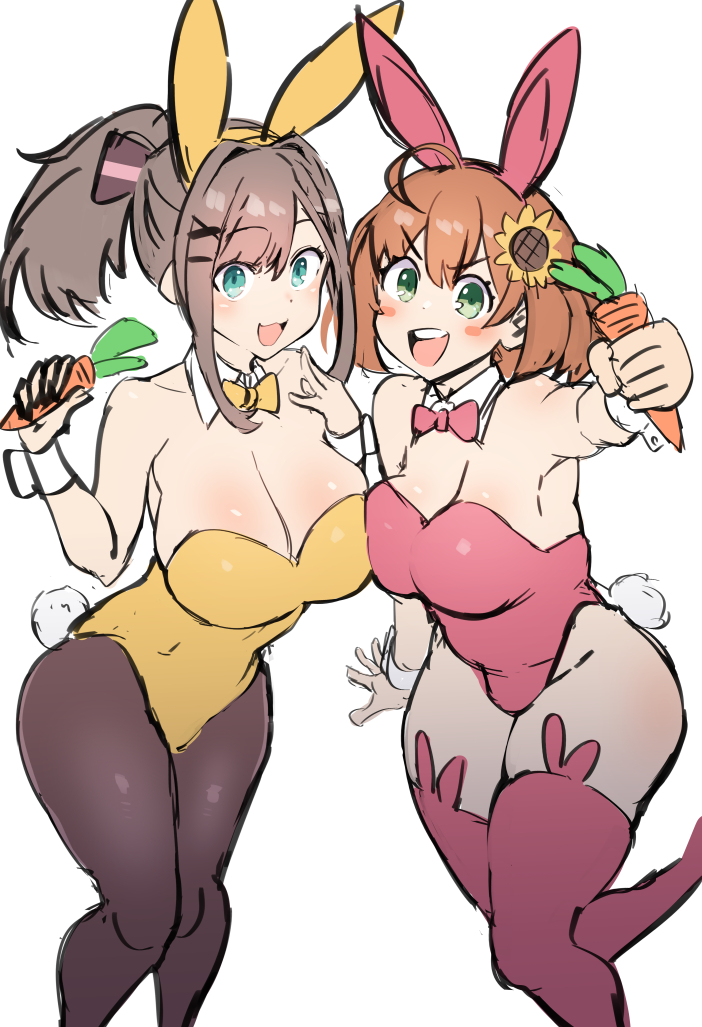 2girls, big breasts, blue eyes, breasts, bunny ears, bunny girl, bunnysuit, female, green eyes, grey hair, hairclip, honma himawari, large breasts, multiple females, multiple girls, nijisanji, nuezou, open mouth, orange hair, pantyhose, ponytail, suzuhara lulu, thick thighs, thighhighs, virtual youtuber