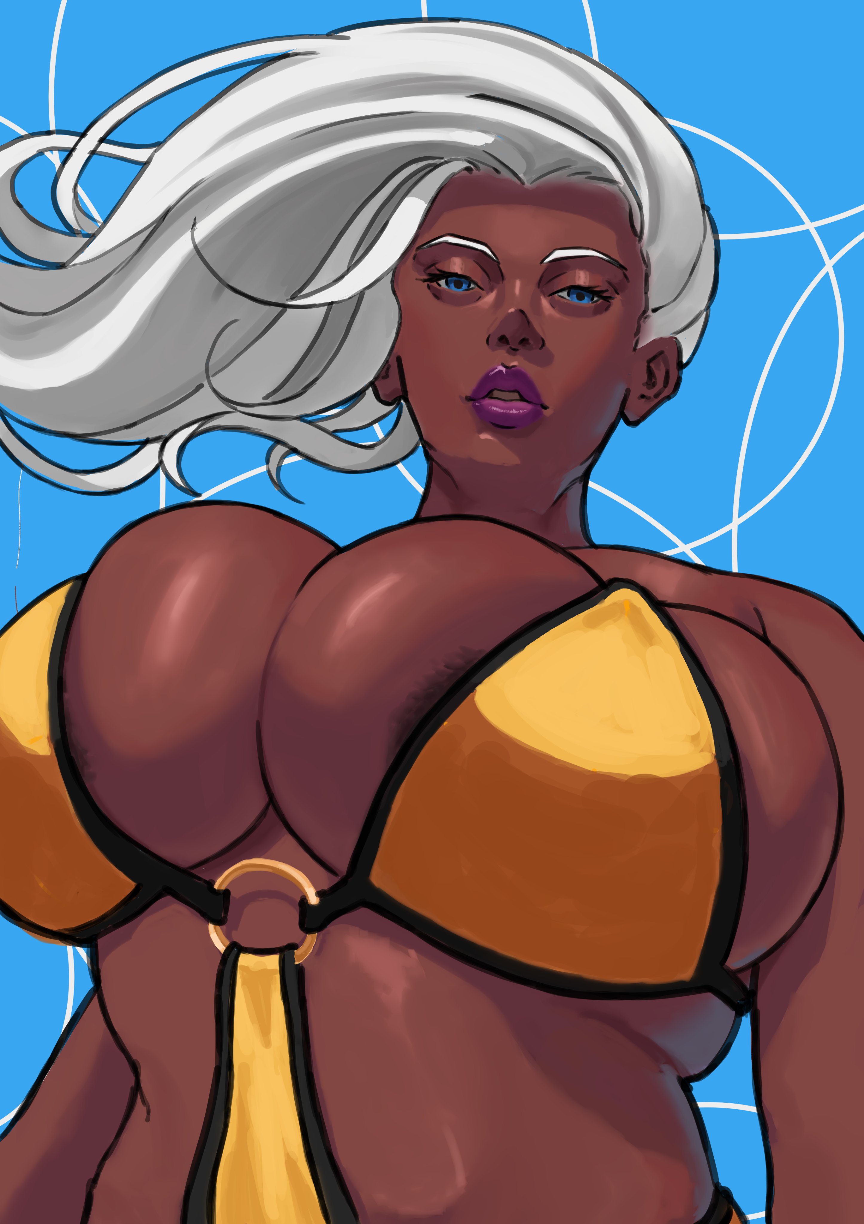 2d, artist request, big breasts, bikini, dark-skinned female, female, female focus, female only, huge breasts, marvel, marvel rivals, ororo munroe, sideboob, solo, storm (marvel rivals), storm (sacred skies), storm (x-men), underboob, x-men